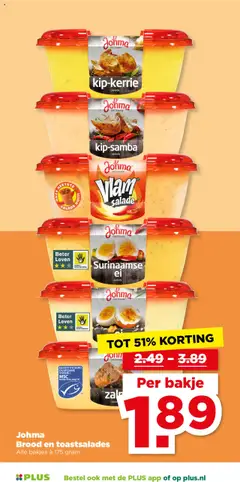 Johma Vlam salade, Brood en toastsalade Vlam salade, alle bakjes à 175 gram - Voorbeeld van een folder van Plus, geldig van 22.10.2025 | Pagina: 4 | Producten: Brood, Zalm, Salade