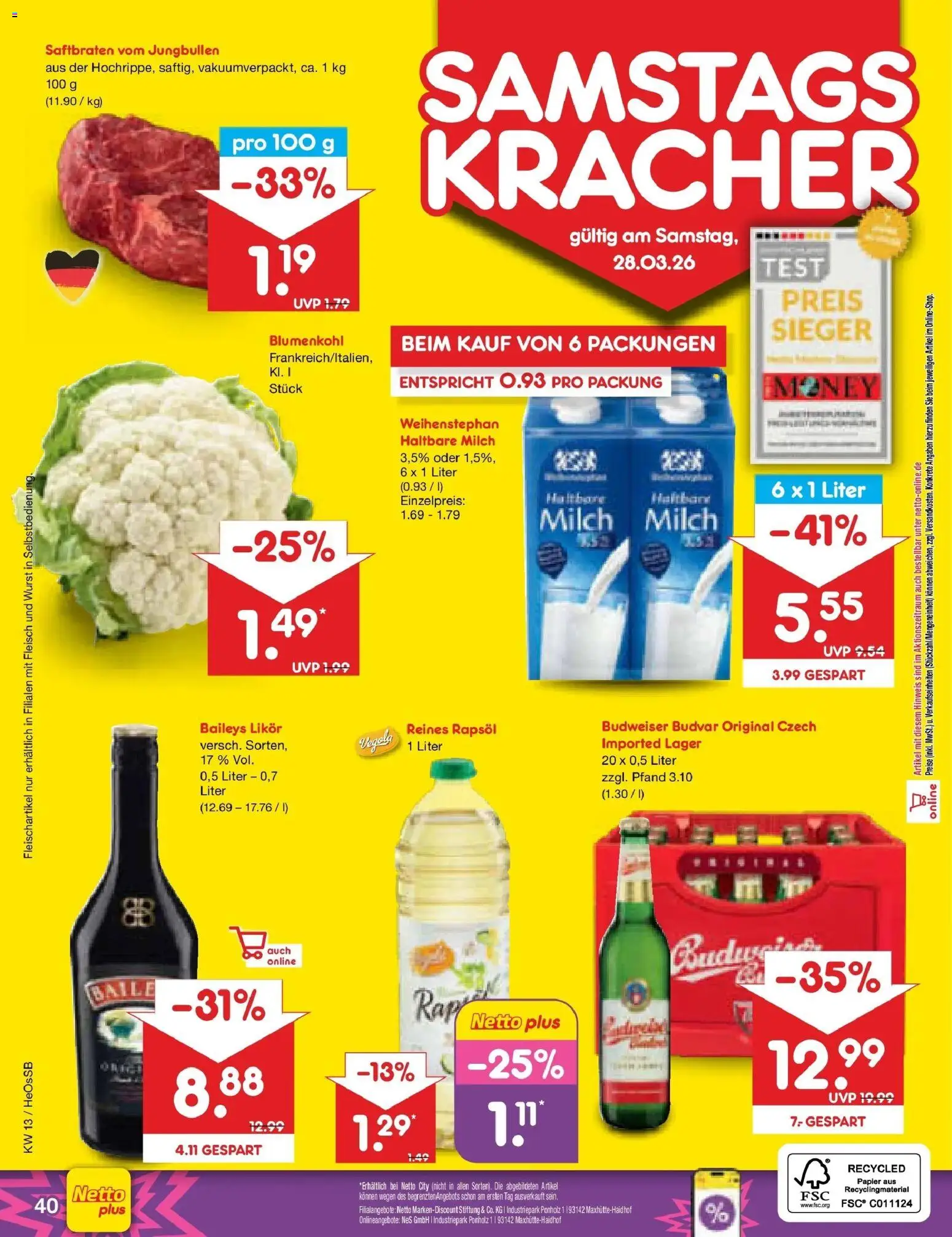 Netto Marken-Discount Prospekt Kröpelin	 – gültig ab 23.03.2026 | Seite: 48 | Produkte: Milch, Likör, Wurst, Budweiser