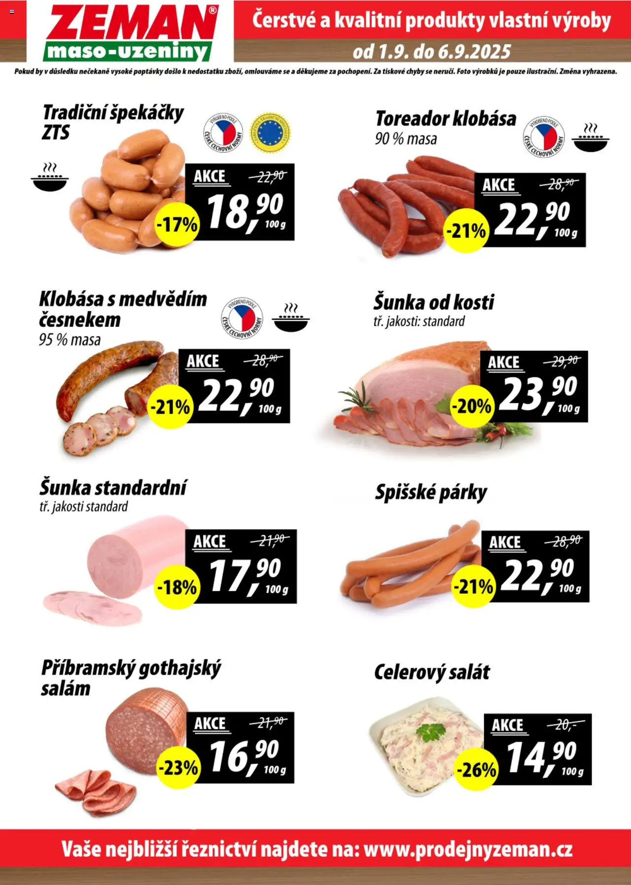 Prodejny Zeman leták od 01.09.2025 | Strana: 2 | Produkty: Šunka, Špekáčky, Salát, Klobása