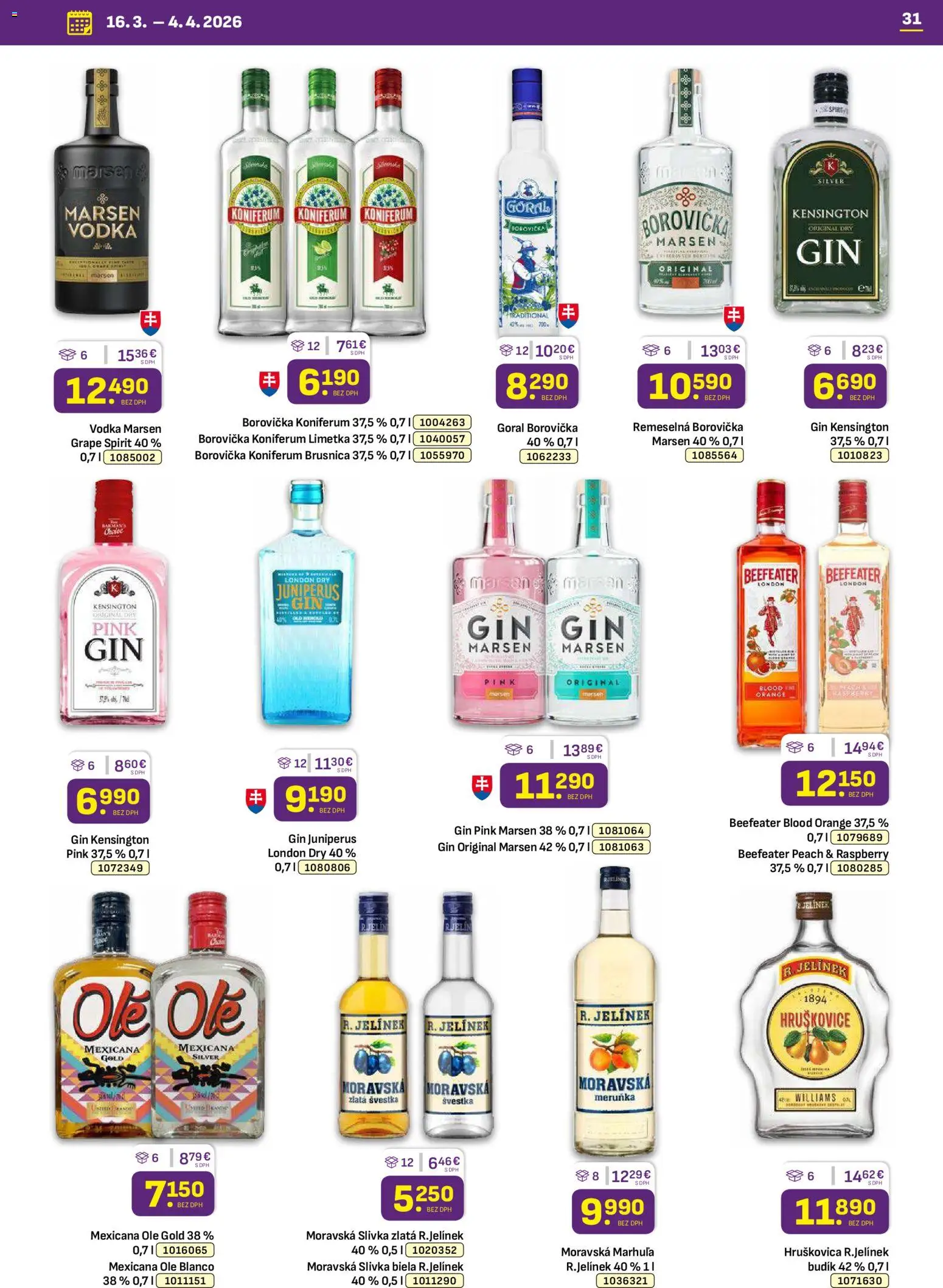 Nové Libex akcie – leták je platný od 16.03.2026 | Strana: 31 | Produkty: Borovička, Koniferum, Gin, Budík