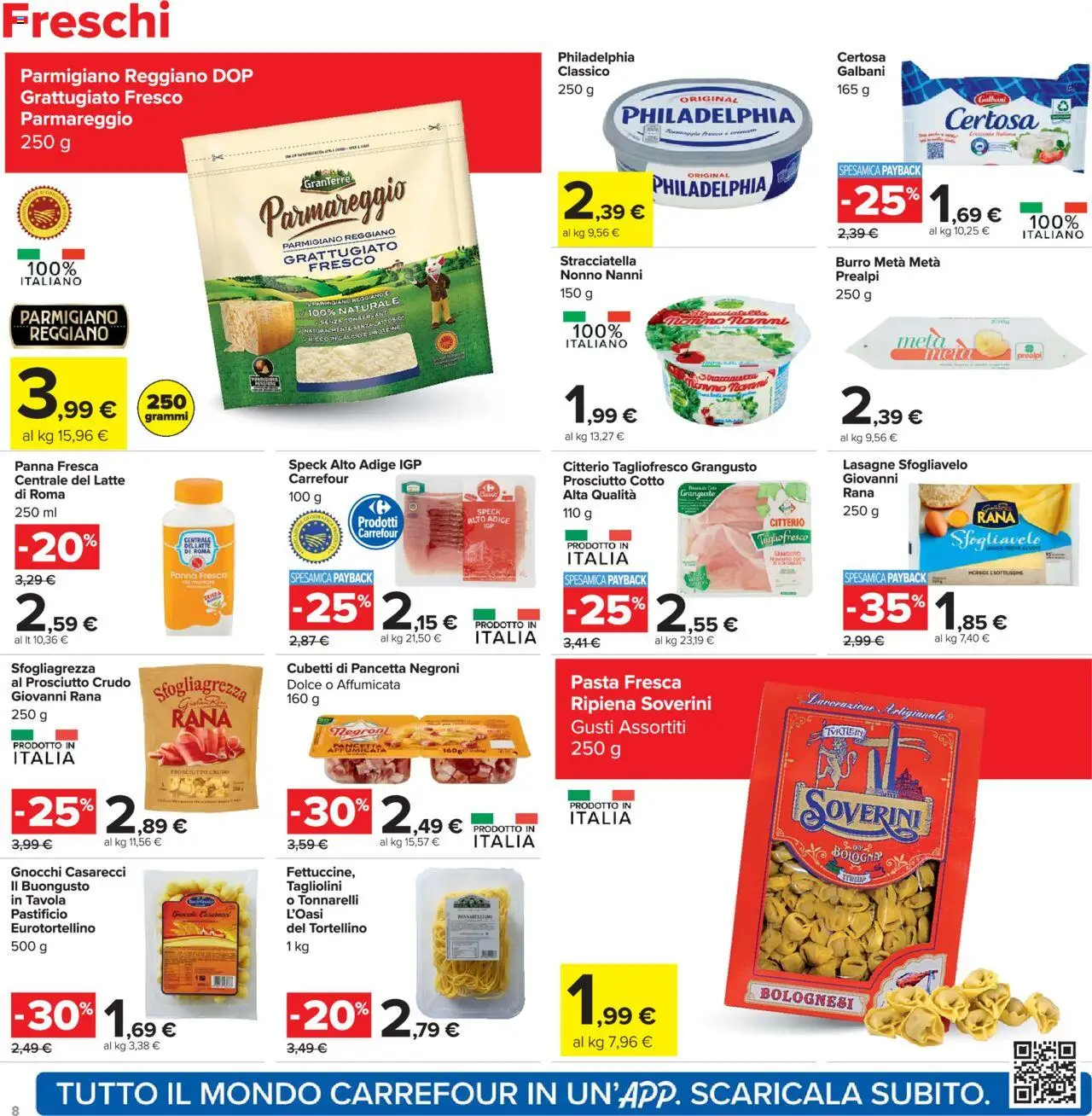 Volantino Carrefour del 20.10.2025 | Pagina: 8 | Prodotti: Speck, Prosciutto Crudo, Latte, Parmigiano reggiano
