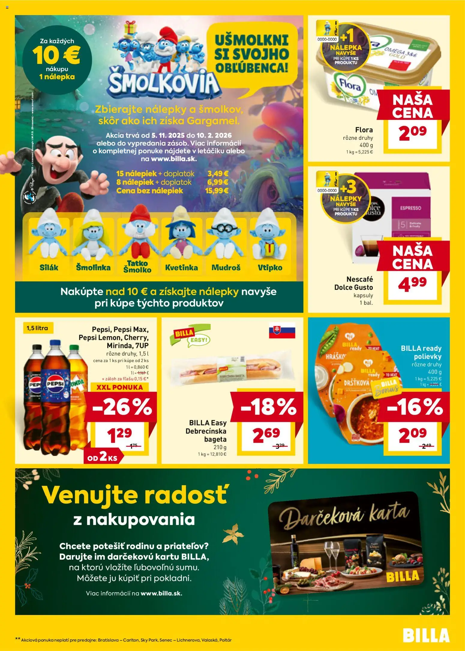 Nové Billa akcie – leták je platný od 26.11.2025 | Strana: 15 | Produkty: Dolce Gusto, Pepsi, Flora