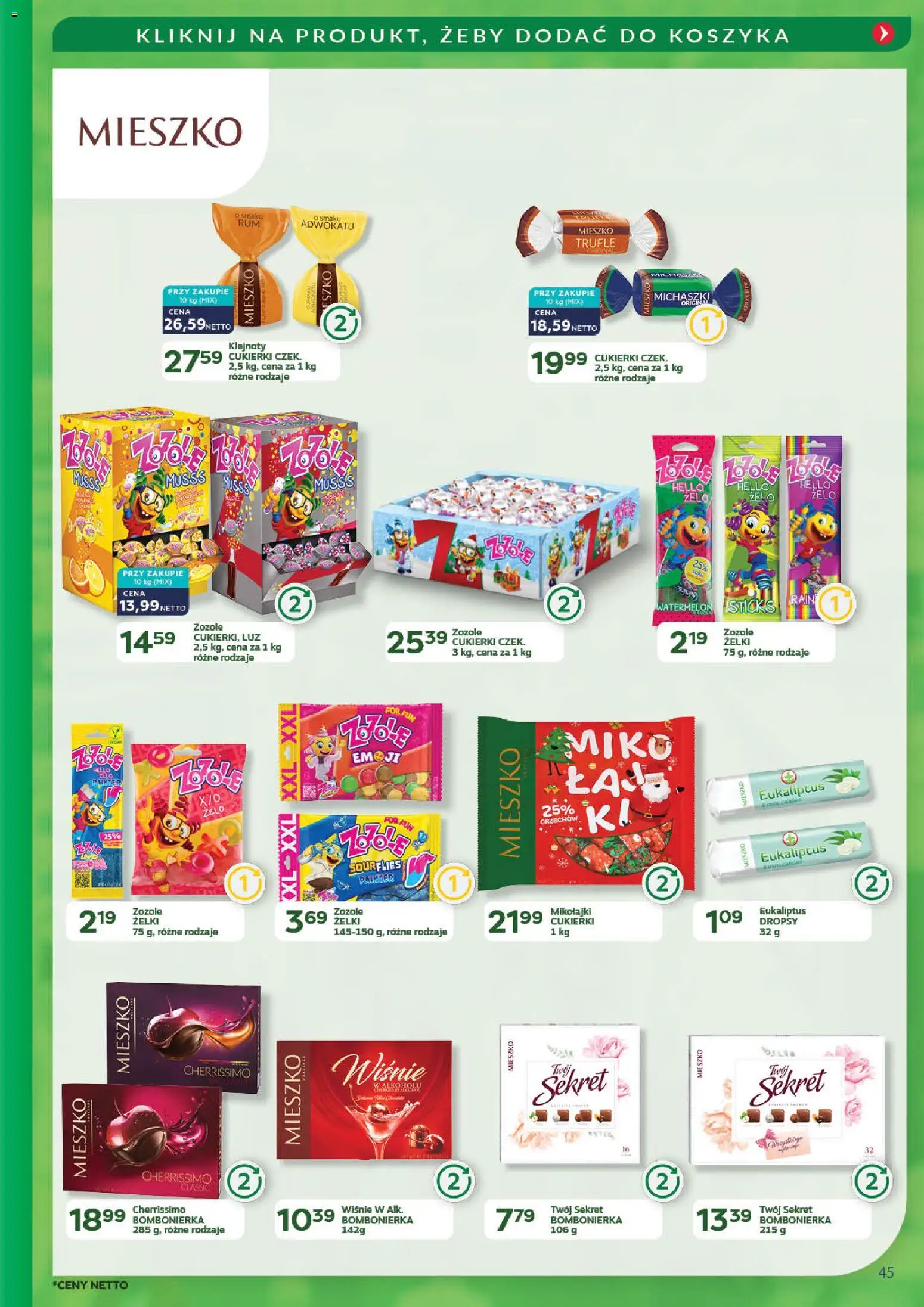 Eurocash Gazetka - Promocje na okrągło od 03.11.2025 | Strona: 45 | Produkty: Bombonierka, Wiśnie, Żelki, Cukierki