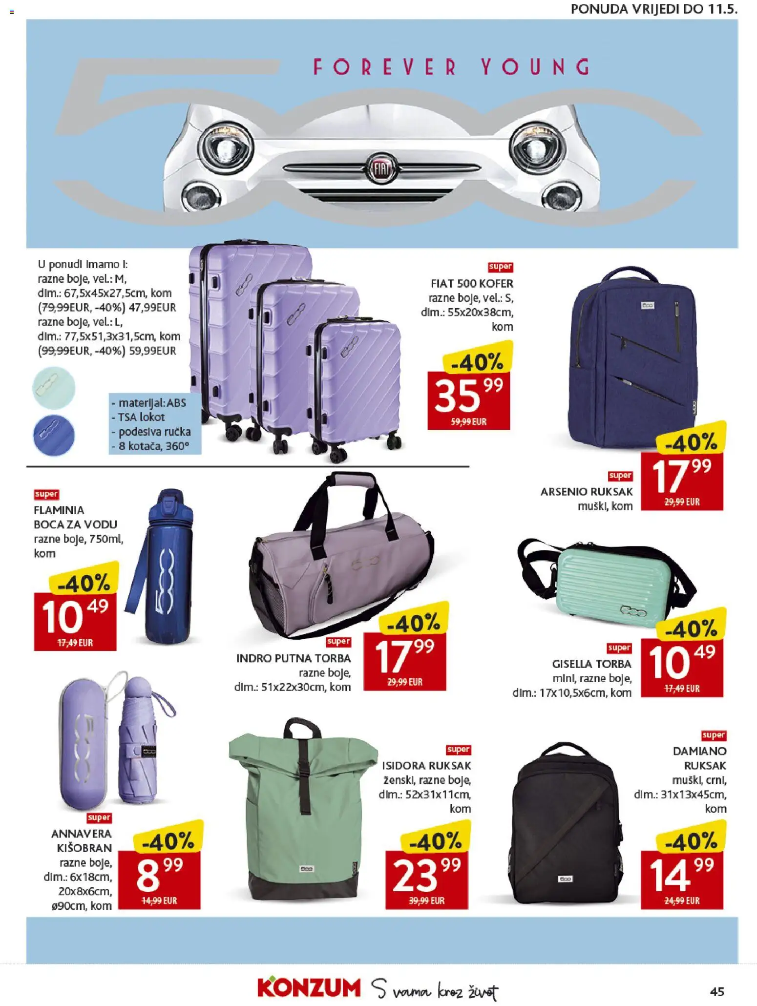 Konzum katalog | vrijedi od 15.04.2026 | Stranica: 45 | Proizvodi: Putna torba, Kofer, Kišobran, Torba