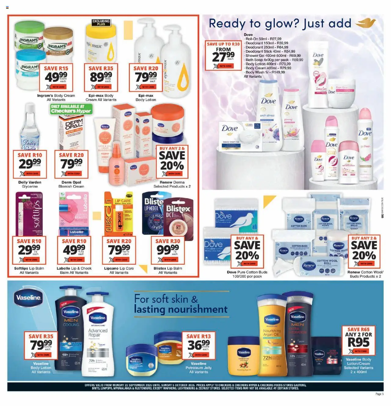 New Checkers catalogue – valid from 22.09.2025 | Page: 5 | Products: Bath, Oil, Cream, Petroleum jelly
