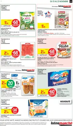 Intermarché - Prévisualisation de JAMBON SUPÉRIEUR SANS COUENNE CONSERVATION SANS NITRITE, 4 tranches + 2 tranches offertes - soit 210 g - 9 € le kg valide à partir de 13.11.2025 | Page: 23 | Produits: Poids, Mâche, Roquette, Saumon