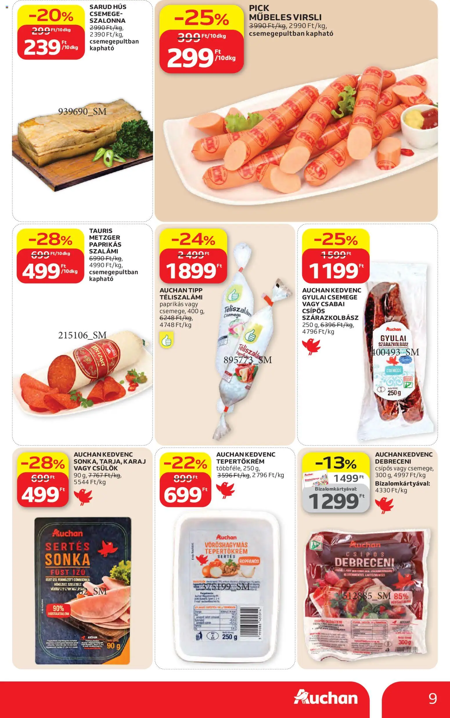 Auchan akciós ujság - amely érvényes a következő dátumtól: 23.04.2026 | Oldal: 9 | Termékek: Debreceni, Karaj, Szalámi, Szalonna