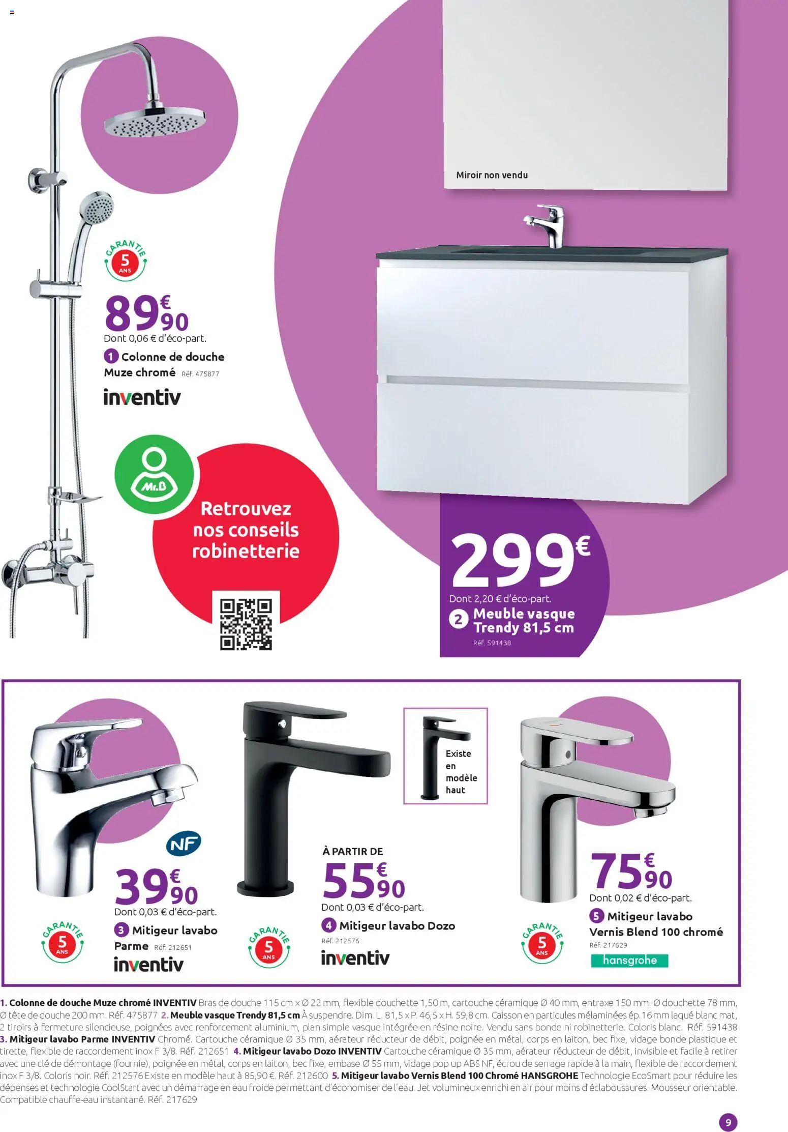 {H1} | Page: 9 | Produits: Poignées, Lavabo, Miroir, Cartouche