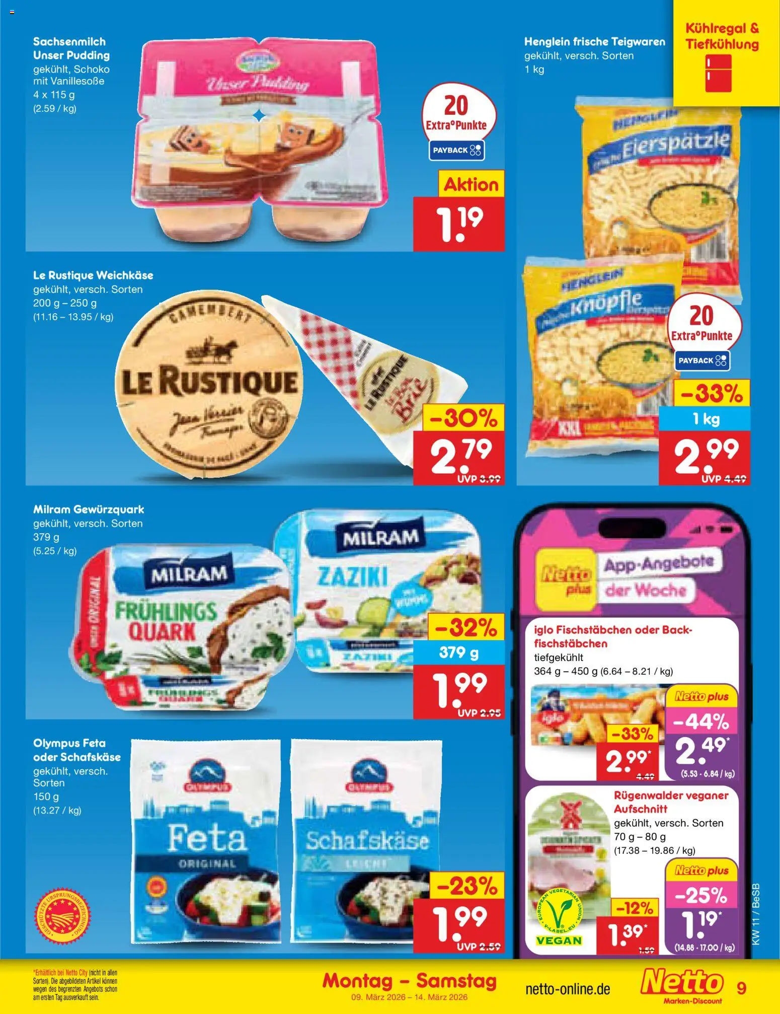Netto Marken-Discount Prospekt 	 – gültig ab 09.03.2026 | Seite: 9 | Produkte: Feta, Fischstabchen, Milram, Schafskase