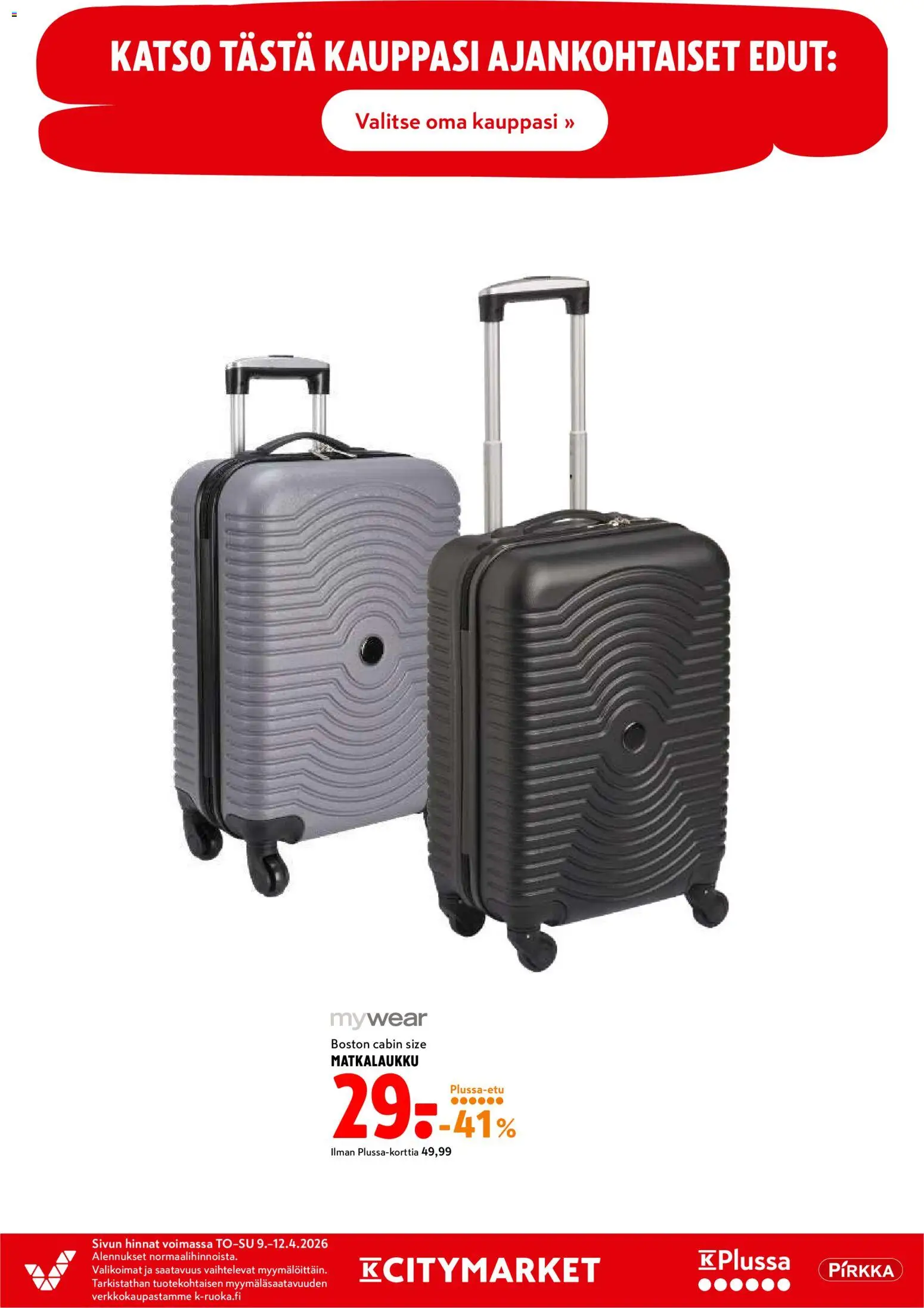 K-Citymarket tarjoukset – voimassa 09.04.2026 alkaen | Sivu: 20 | Tuotteet: Matkalaukku