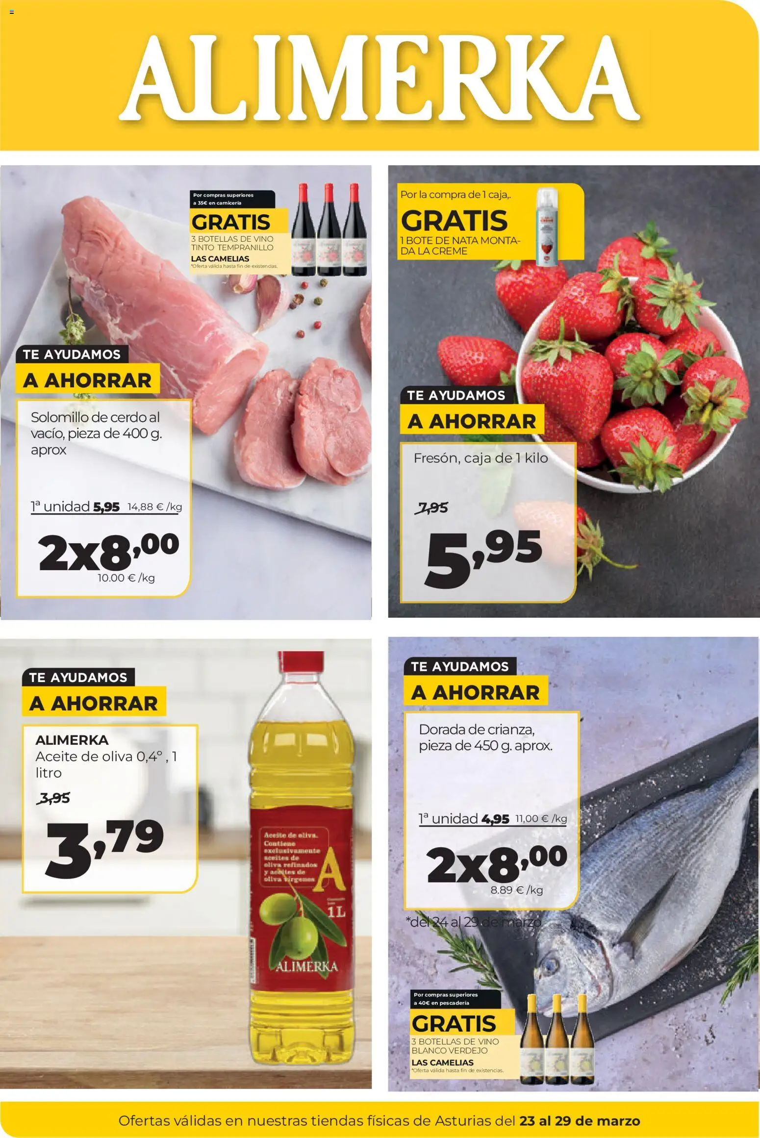 Alimerka folleto Asturias │ válido desde el 23.03.2026 | Página: 1 | Productos: Solomillo de cerdo, Aceite, Vino, Té
