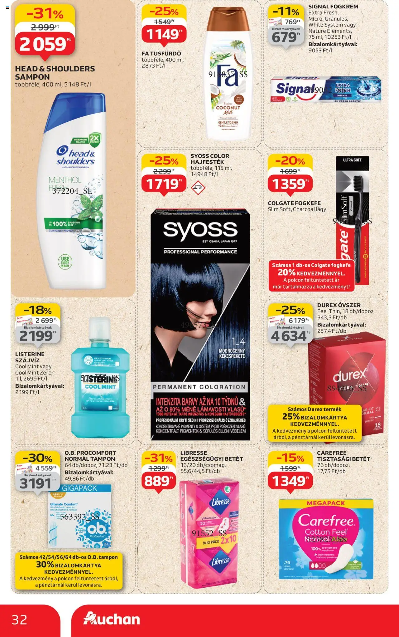 Auchan akciós ujság - amely érvényes a következő dátumtól: 07.08.2025 | Oldal: 32 | Termékek: Tisztasági betét, Óvszer, Tusfürdő, Szájvíz