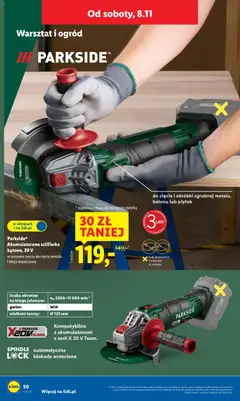Pogląd oferty "Parkside® Akumulatorowa szlifierka kątowa, 20 V, w zestawie tarcza do cięcia metalu i klucz montażowy" - ważna od 03.11.2025 | Strona: 54 | Produkty: Szlifierka