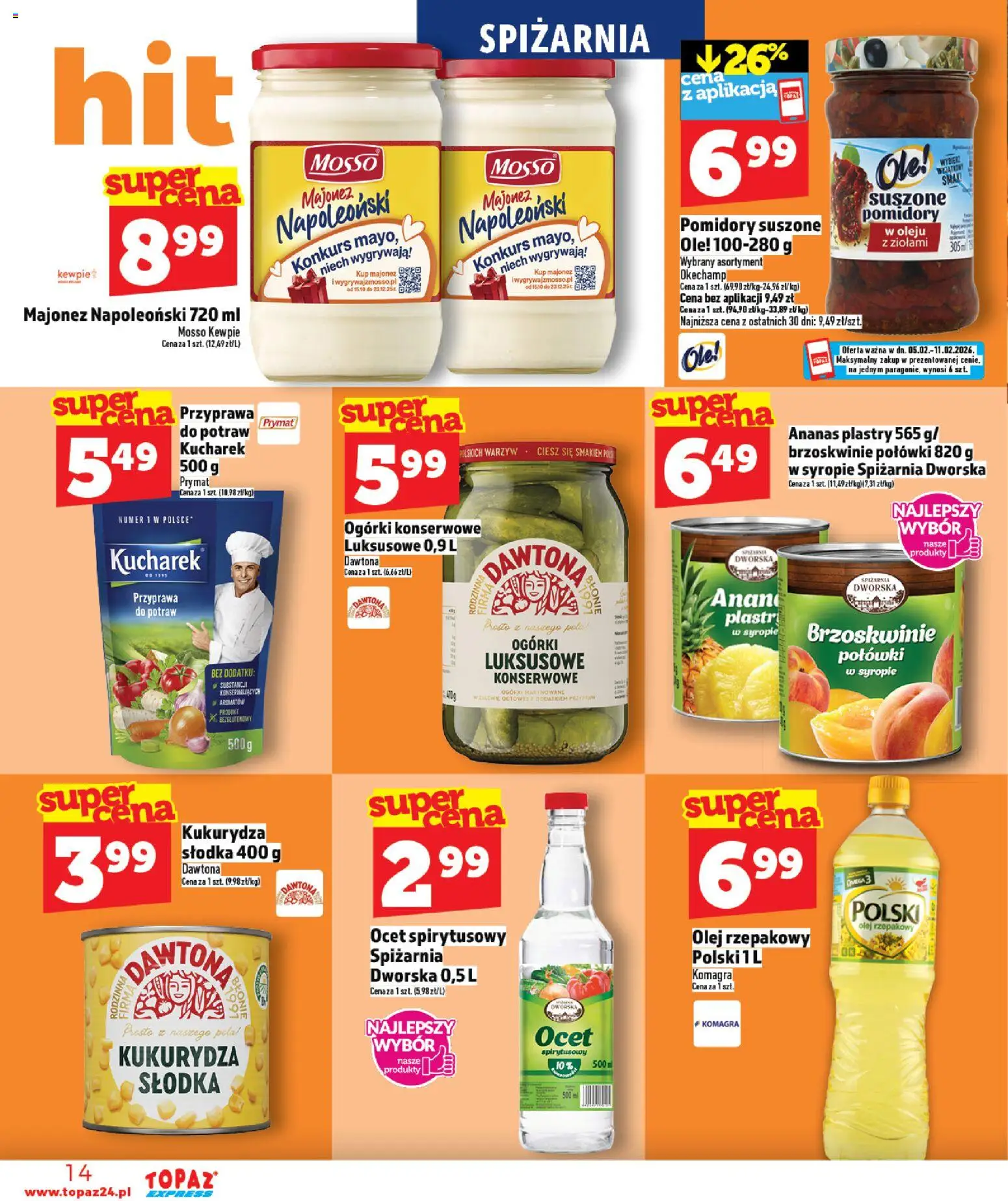 Topaz Gazetka - Express od 05.02.2026 | Strona: 14 | Produkty: Ocet spirytusowy, Olej rzepakowy, Ocet, Majonez
