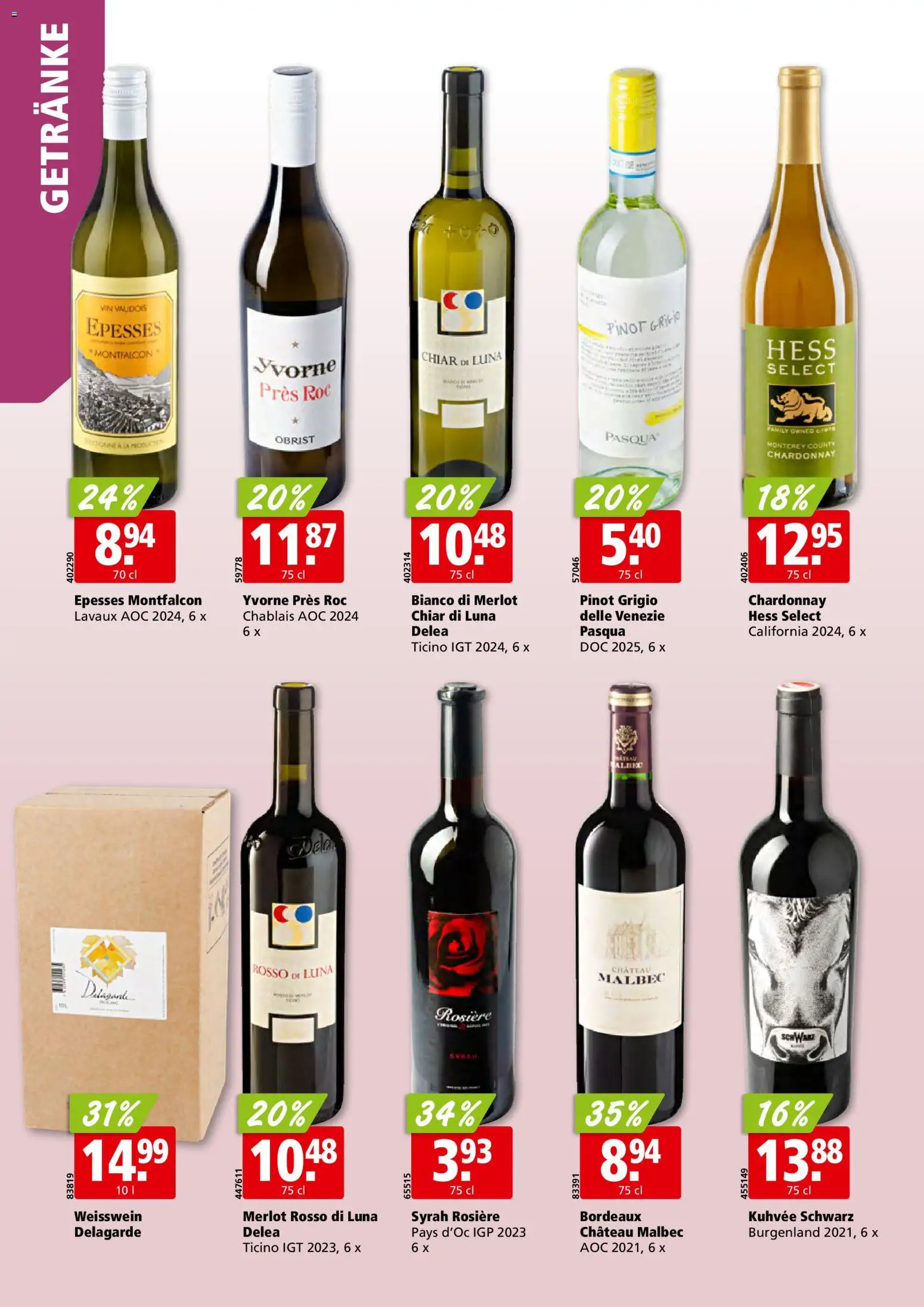 Aligro aktionen Schlieren, Gossau SG, Frauenfeld, Rapperswil-Jona, Sargans, Bern, Brüttisellen, Pratteln, Emmen, Spreitenbach – gültig ab 30.03.2026 | Seite: 24 | Produkte: Weißwein, Merlot