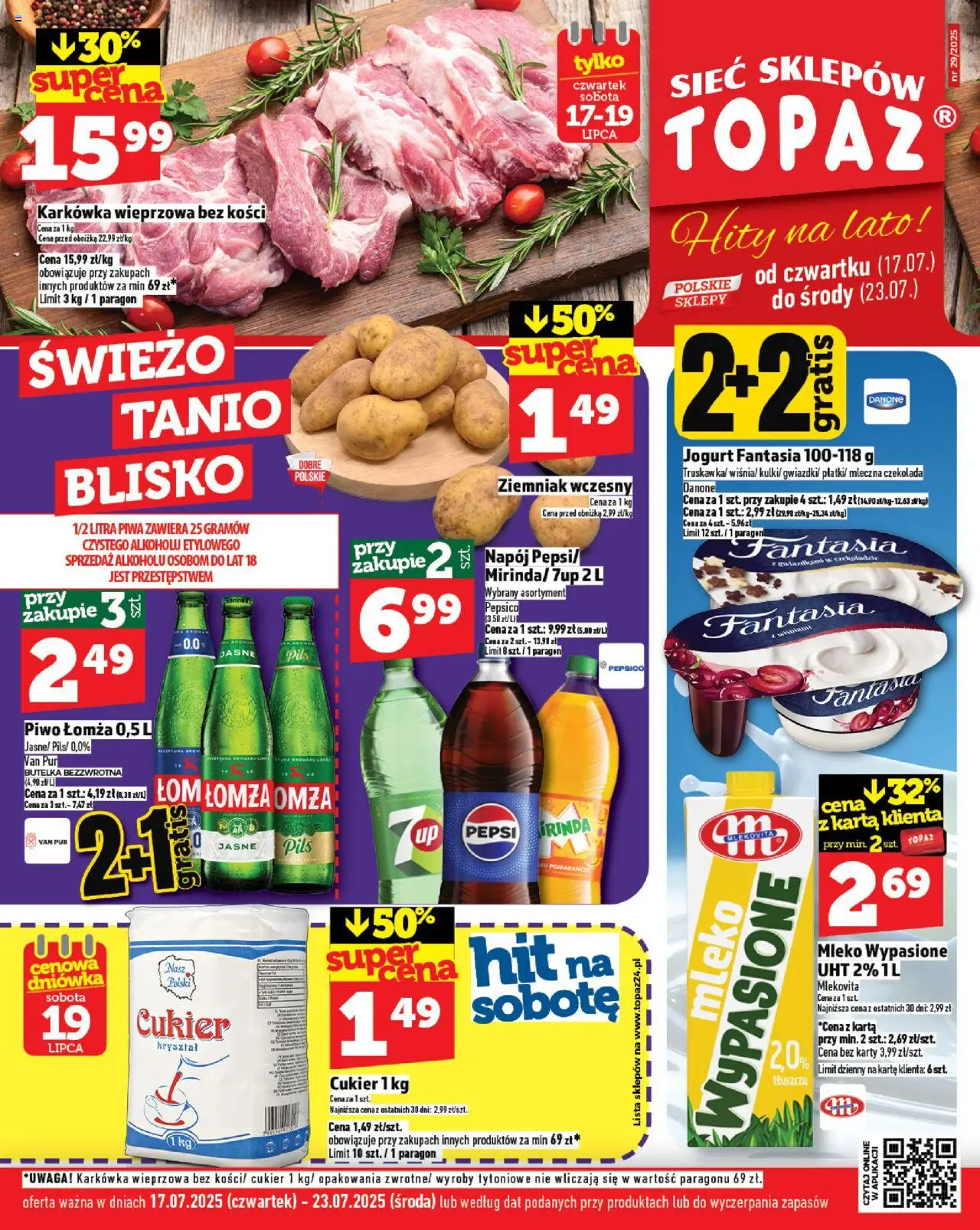 Topaz Gazetka od 17.07.2025 | Strona: 1 | Produkty: Karkówka, Karkówka wieprzowa, Mleko, Cukier