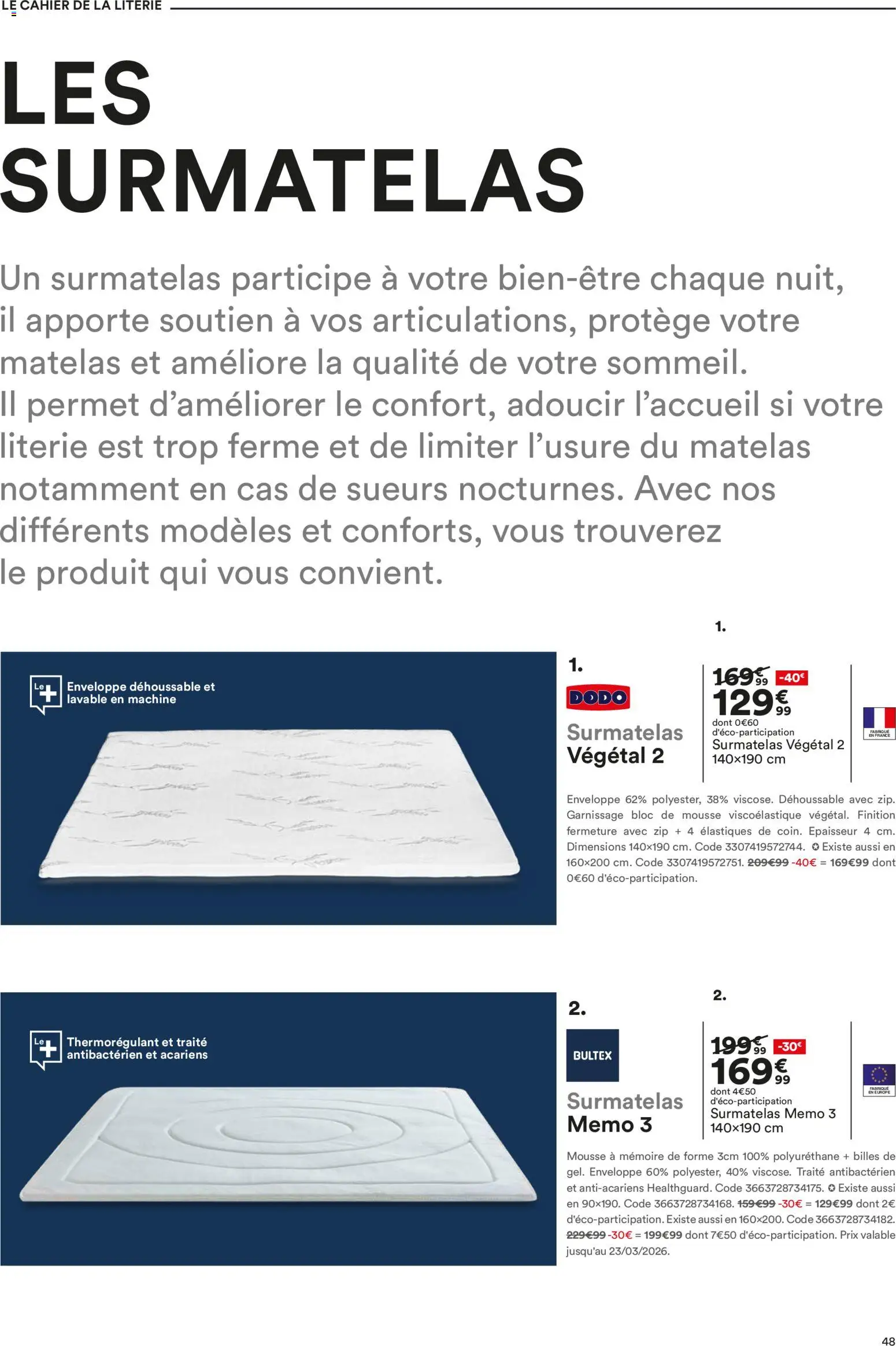 {H1} | Page: 48 | Produits: Surmatelas, Enveloppe, Matelas, Élastiques