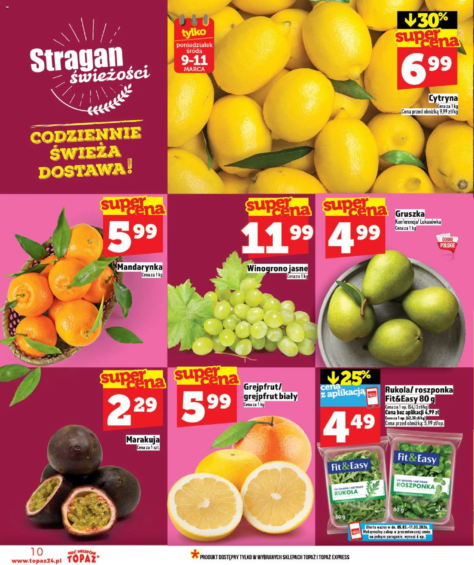 Topaz gazetka - Ceny małe na stałe od 05.03.2026 | Strona: 10 | Produkty: Cytryna, Gruszka, Rukola, Grejpfrut