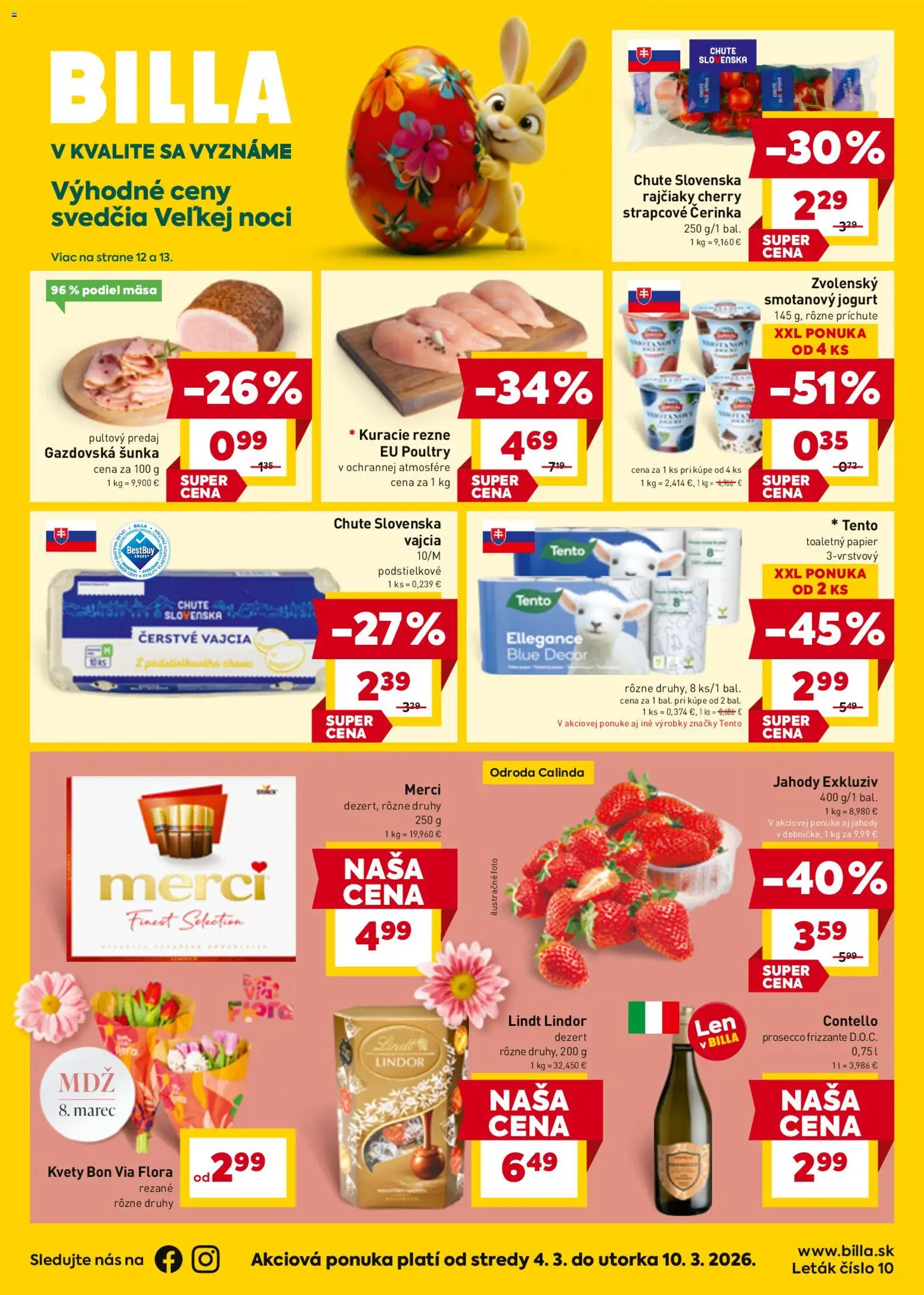 Nové Billa akcie – leták je platný od 04.03.2026 | Strana: 1 | Produkty: Vajcia, Šunka, Toaletný papier, Kuracie rezne