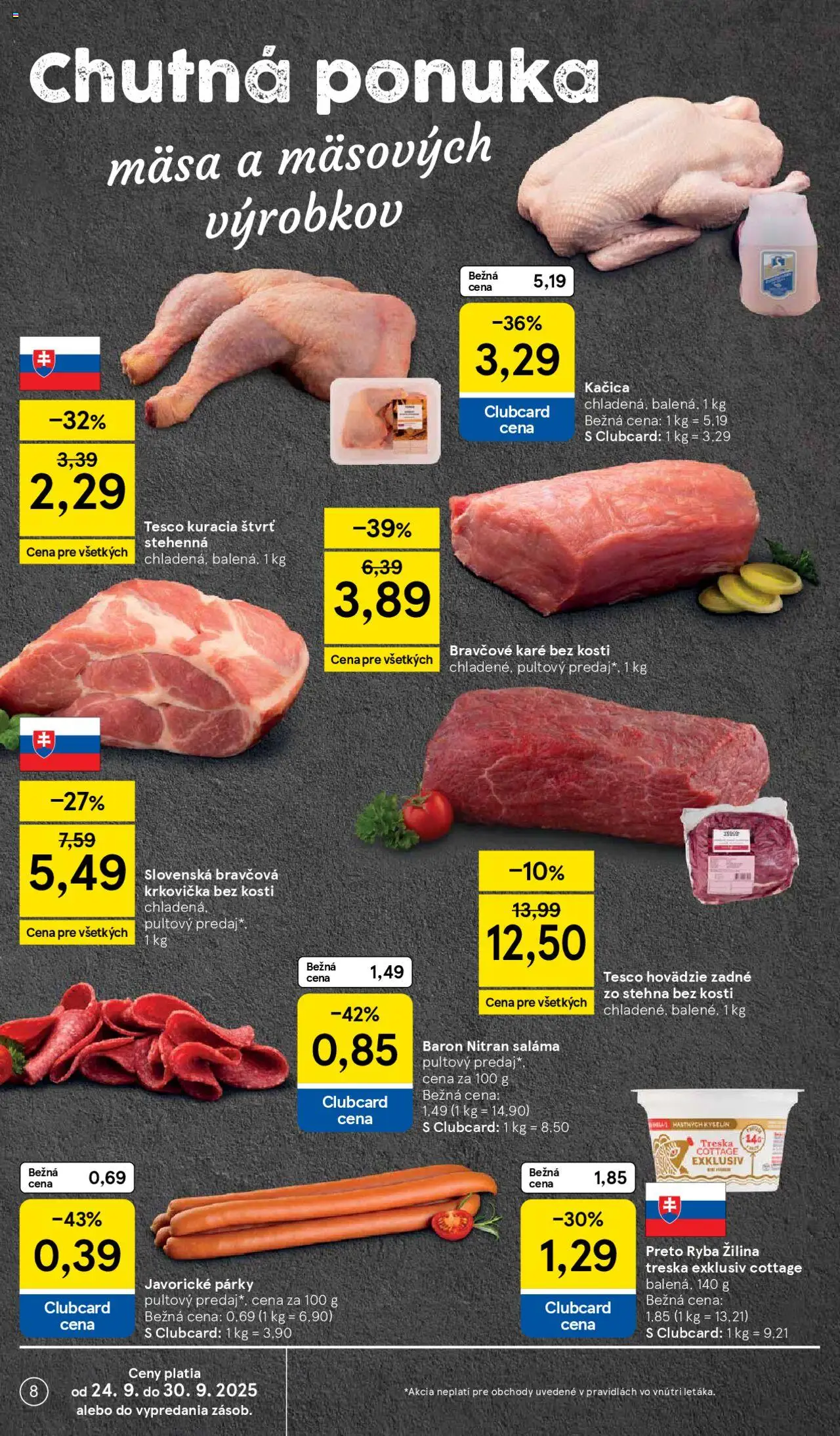 Nové Tesco akcie – leták je platný od 24.09.2025 | Strana: 8 | Produkty: Kačica, Ryba, Krkovička, Treska