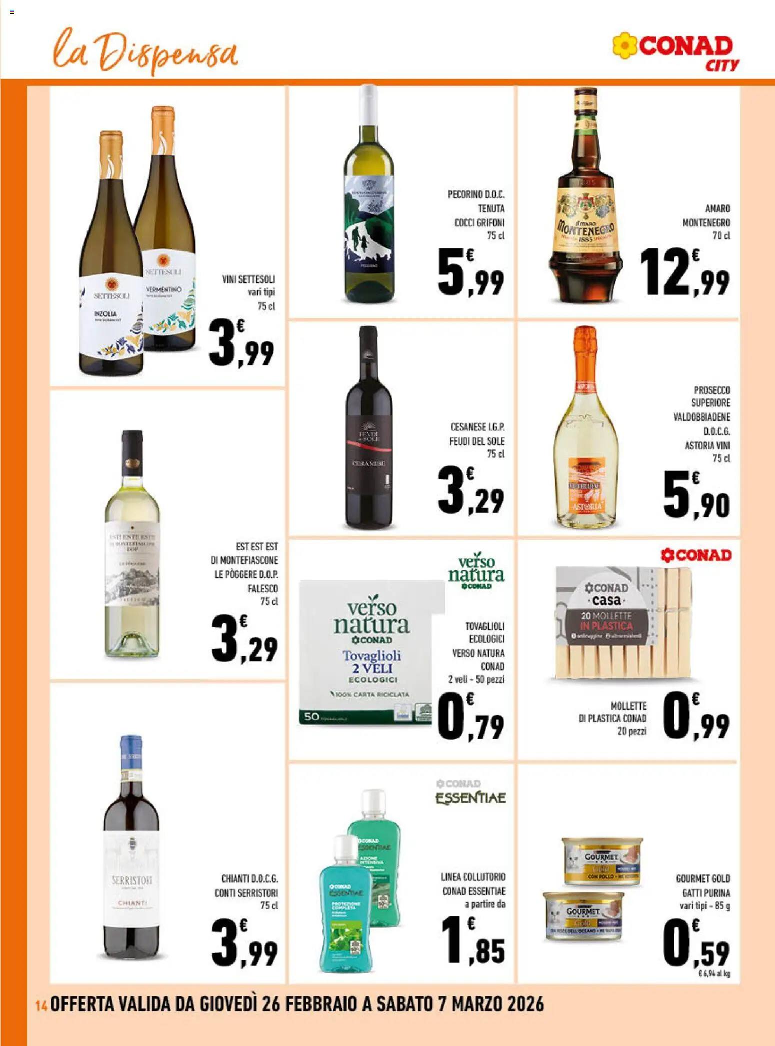 Volantino Conad del 26.02.2026 | Pagina: 14 | Prodotti: Collutorio, Prosecco, Pecorino, Amaro