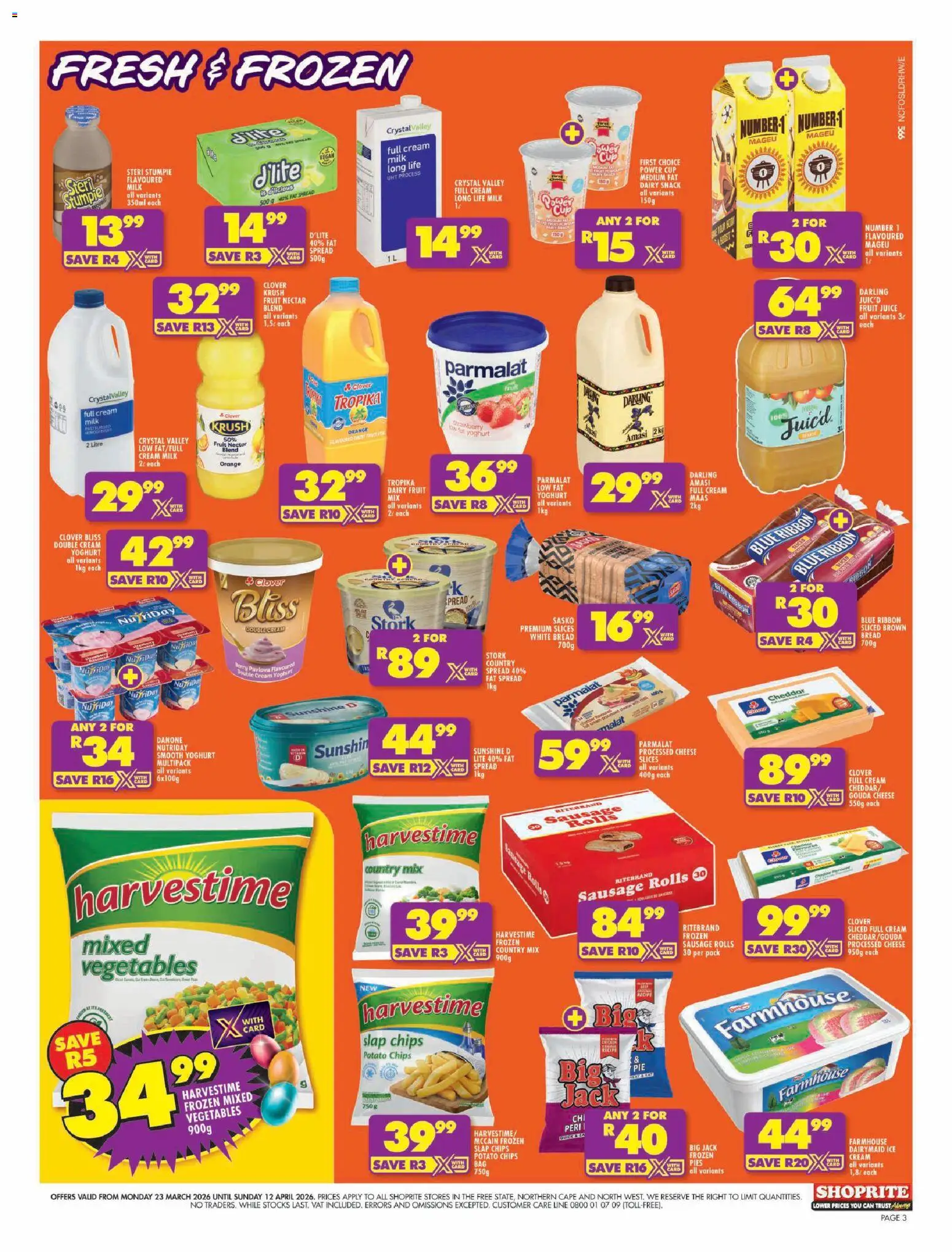 New Shoprite catalogue – valid from 23.03.2026 | Page: 3 | Products: Juice, Cream, Vegetables, Sausage