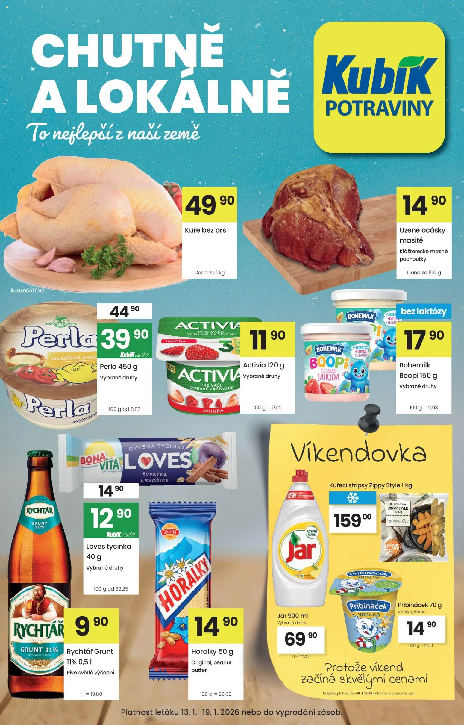 Kubík leták od 13.01.2026 | Strana: 1 | Produkty: Pribináček, Potraviny, Kakao, Jar 900 ml