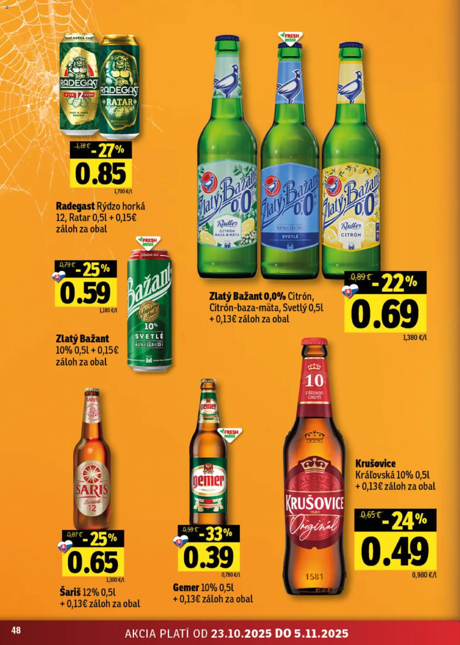 Nové Fresh akcie – leták je platný od 23.10.2025 | Strana: 48 | Produkty: Radegast, Radler, Krušovice, Zlatý Bažant