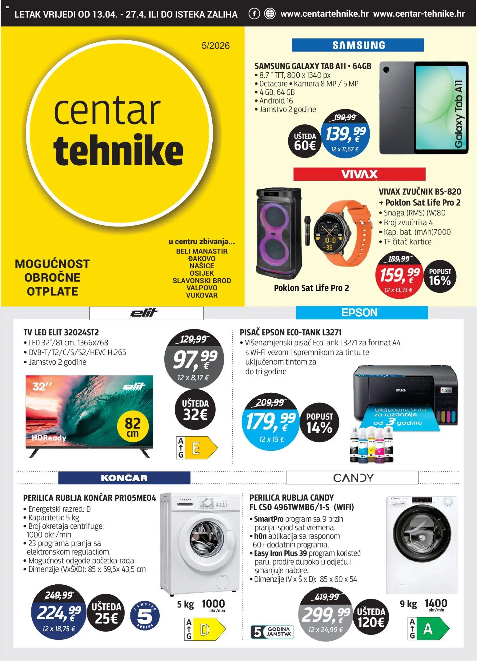 Centar Tehnike katalog | vrijedi od 13.04.2026 | Stranica: 1 | Proizvodi: Perilica rublja, Sat, Tv, Zvučnik