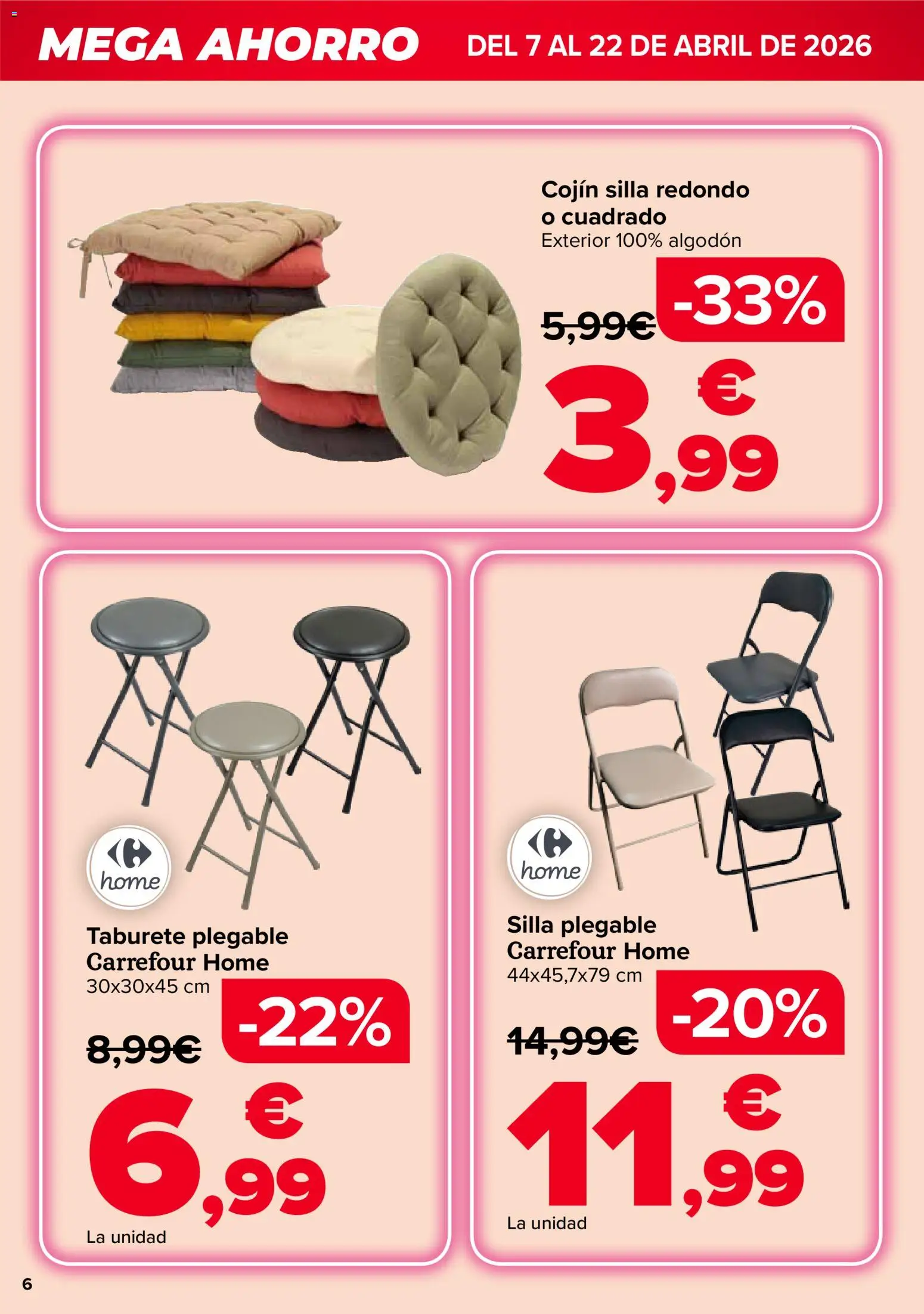 Carrefour Mega Ahorro │ válido desde el 07.04.2026 | Página: 6 | Productos: Taburete, Cojín, Silla