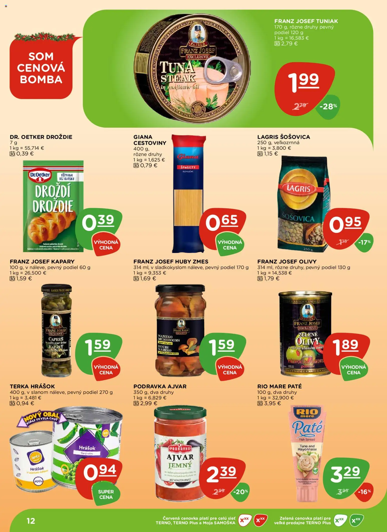 Nové Terno akcie – leták je platný od 18.12.2025 | Strana: 12 | Produkty: Tuniak, Hrášok, Rio Mare, Špagety