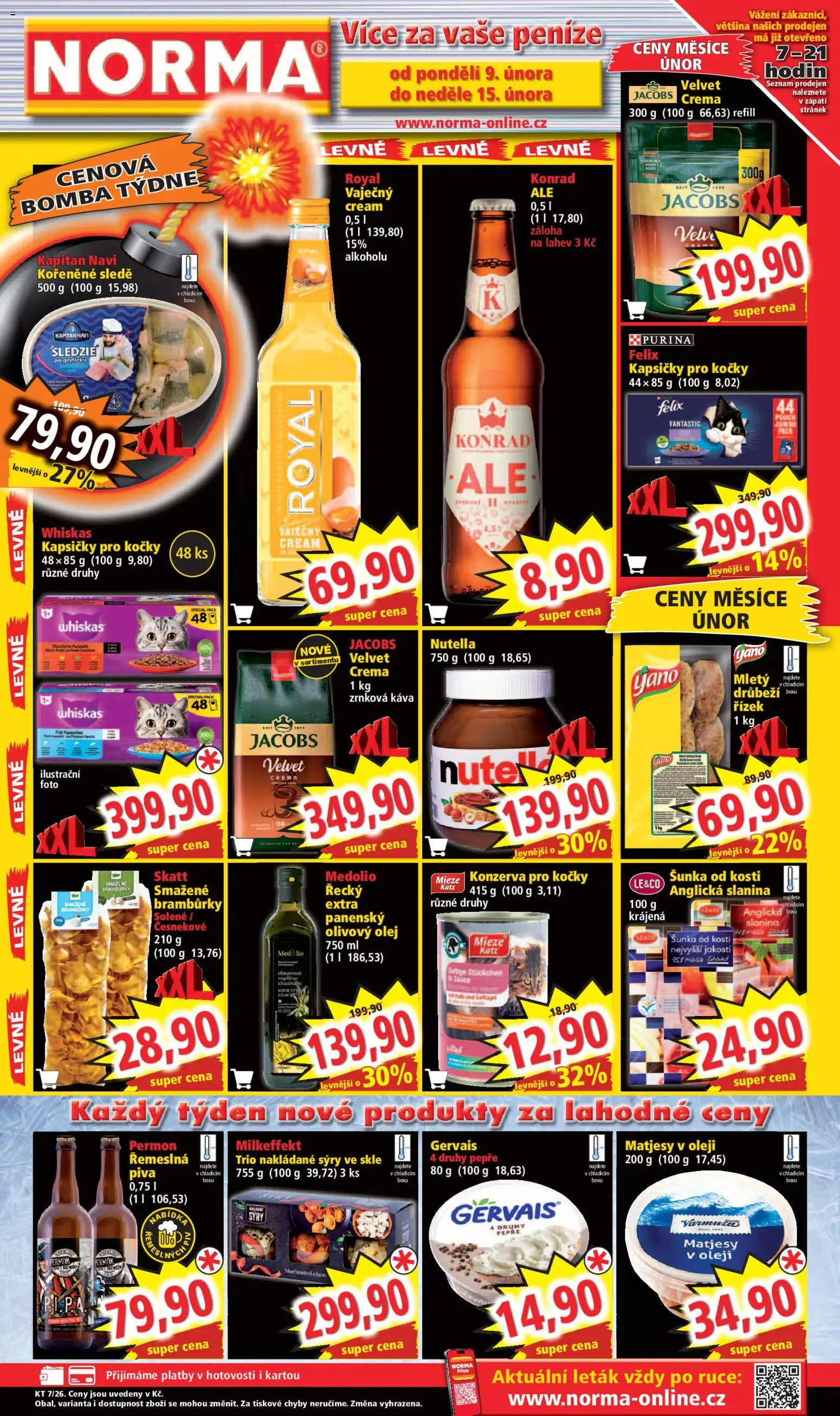 Norma leták od 09.02.2026 | Strana: 1 | Produkty: Purina, Bramburky, Anglická slanina, Velvet