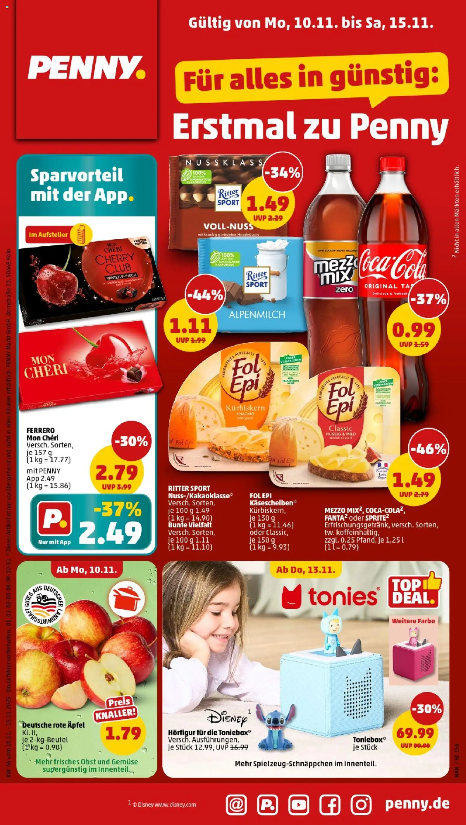 Penny - Mecklenburg-Vorpommern – gültig ab 10.11.2025 | Seite: 1 | Produkte: Coca cola, Ritter sport, Äpfel, Mon cheri