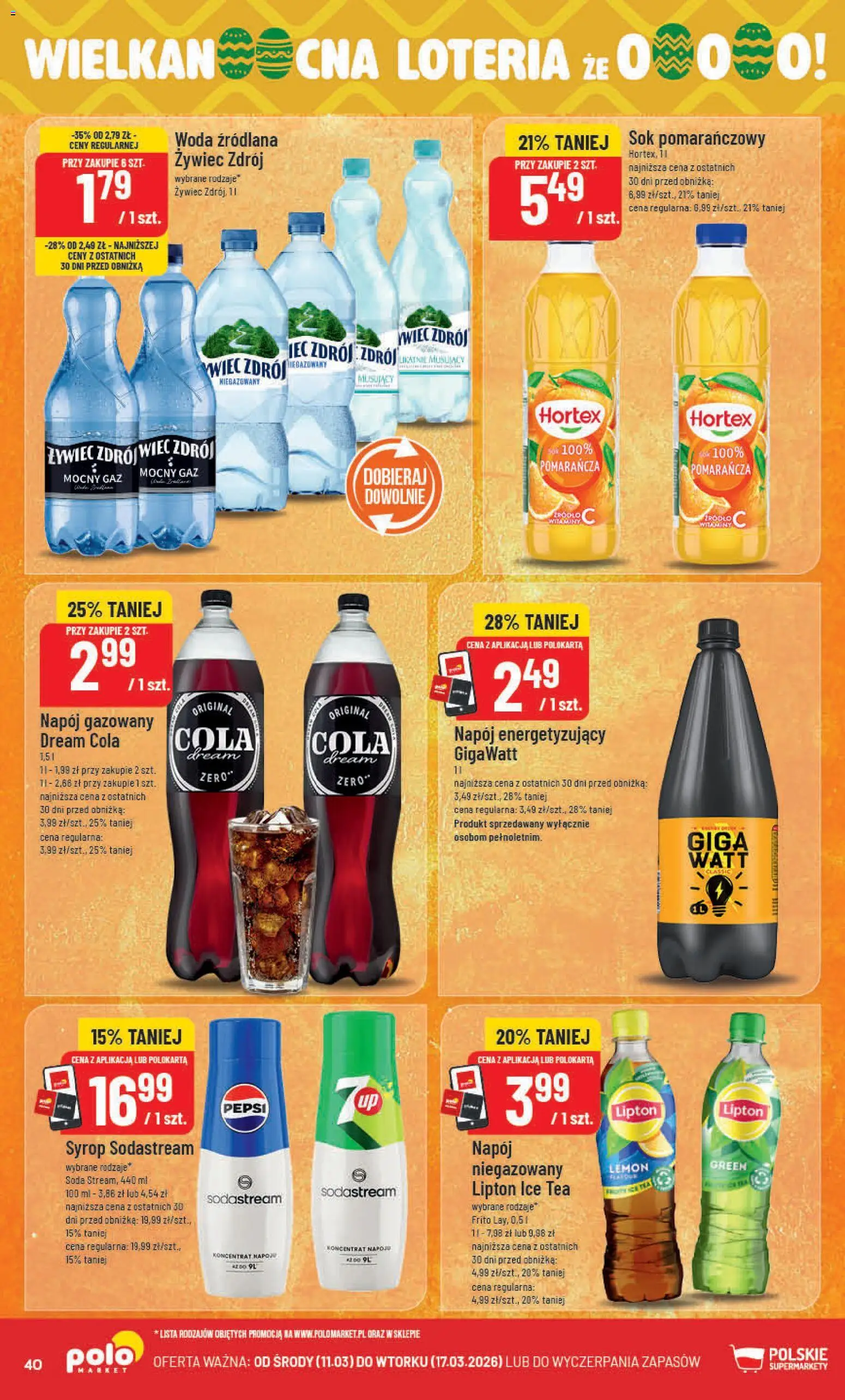 POLOmarket gazetka od 11.03.2026 | Strona: 40 | Produkty: Sok pomarańczowy, Ice Tea, Woda źródlana, Sodastream