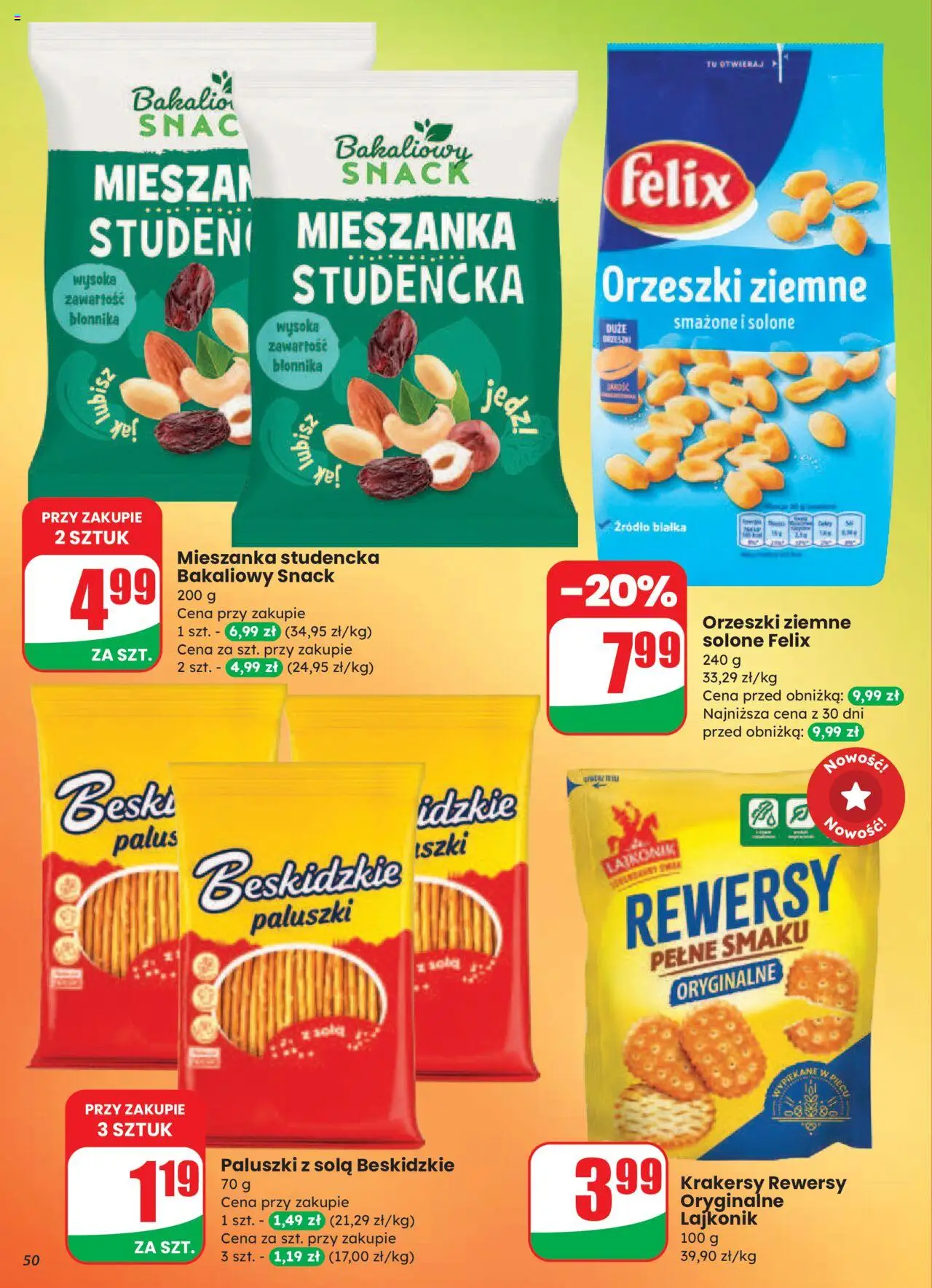 Dino Gazetka od 20.08.2025 | Strona: 50 | Produkty: Paluszki, Krakersy, Orzeszki ziemne