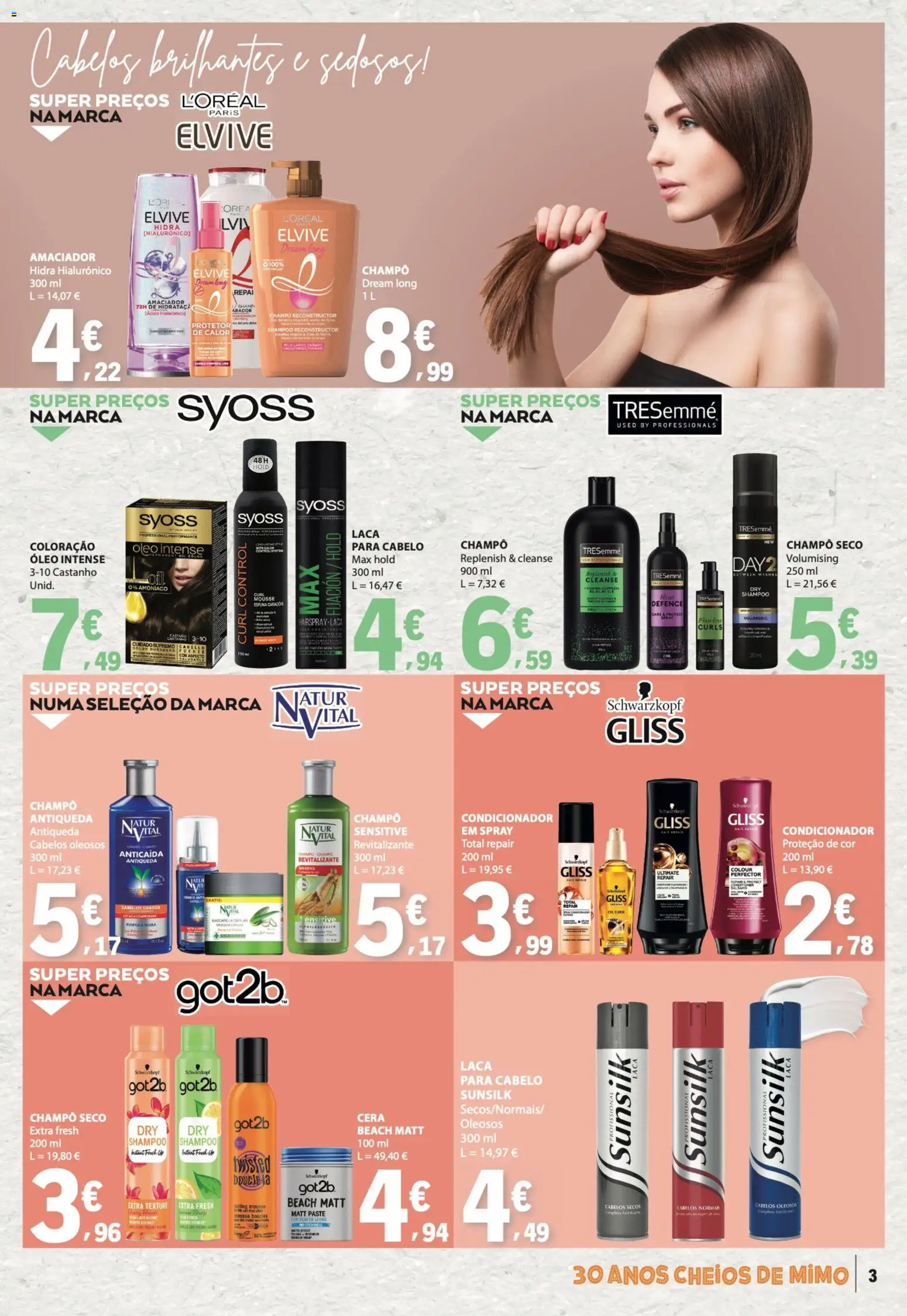 E.Leclerc folheto Especial Beleza │ válido de 07.04.2026 | Página: 3 | Produtos: Shampoo, Condicionador, Cera, Óleo