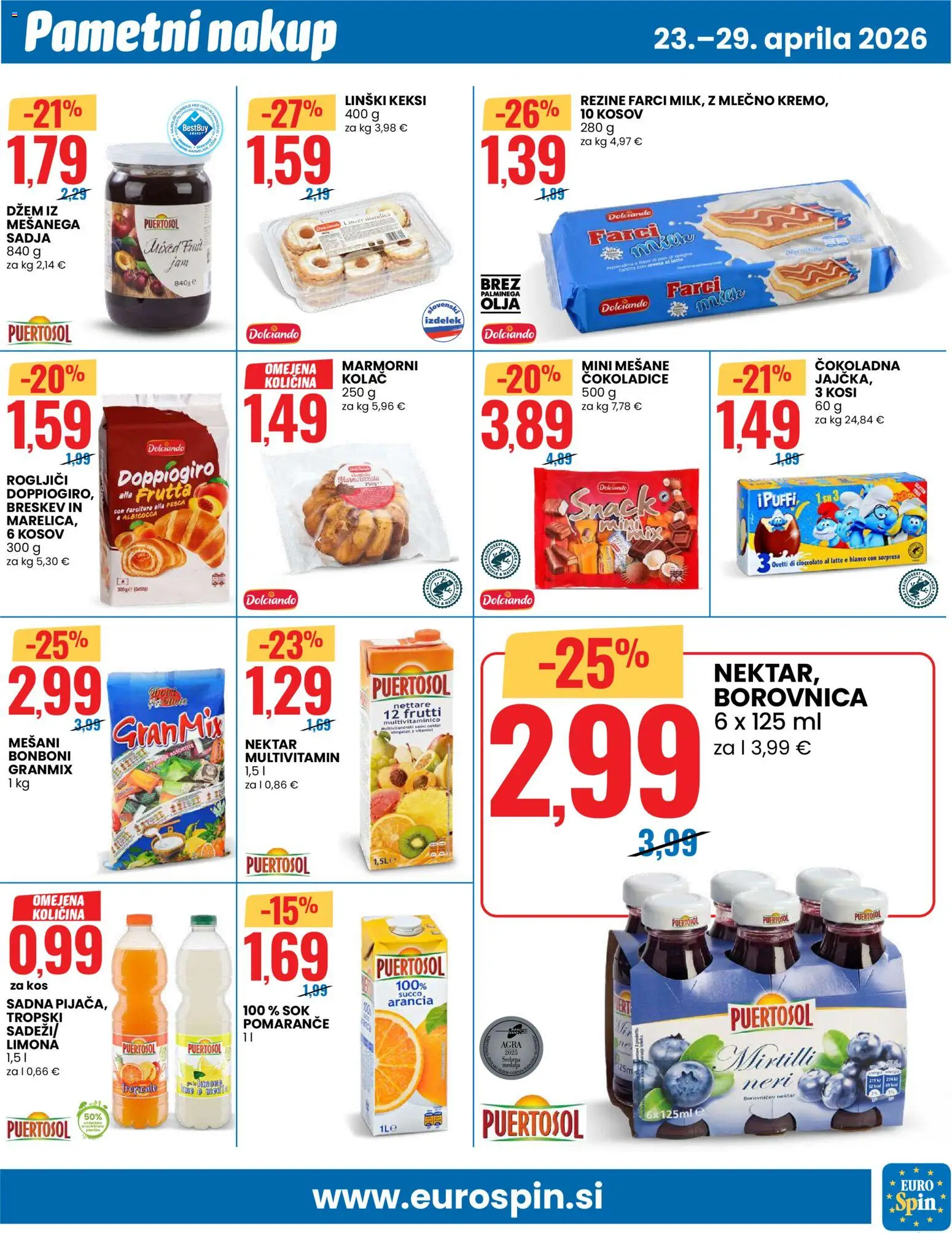 Novi Eurospin katalog ponudbe – veljaven od 23.04.2026 | Stran: 13 | Izdelki: Kolač, Kos, Sok, Pomarance