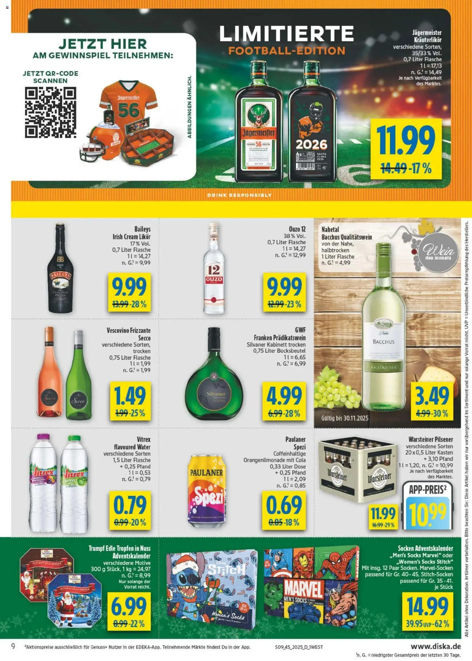 Diska - Diska Angebote Bayern KW45 – gültig ab 03.11.2025 | Seite: 9 | Produkte: Ouzo 12, Warsteiner, Baileys, Socken