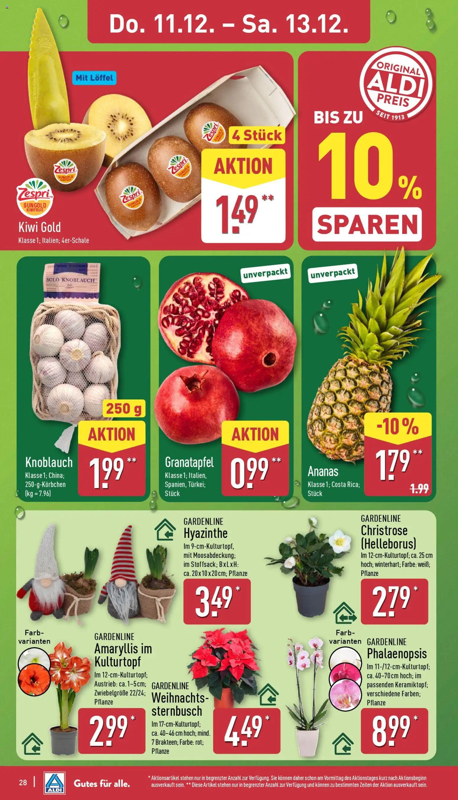 Aldi Prospekt 	 – gültig ab 08.12.2025 | Seite: 28 | Produkte: Granatapfel, Ananas, Knoblauch, Kiwi
