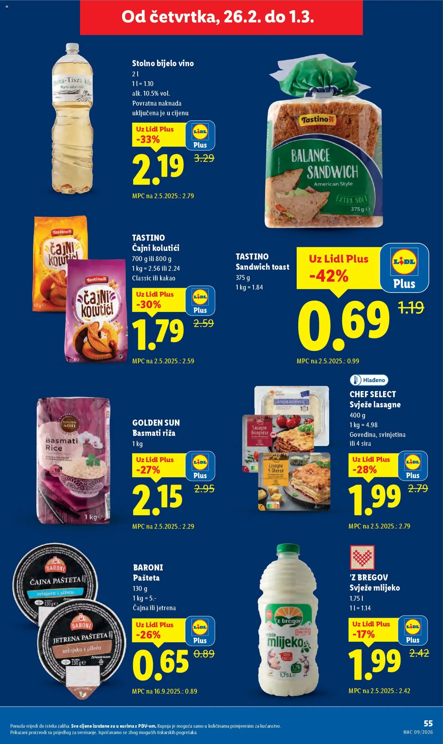 Lidl katalog | vrijedi od 23.02.2026 | Stranica: 55 | Proizvodi: Čajni kolutići, Bijelo vino, Mlijeko, Riža