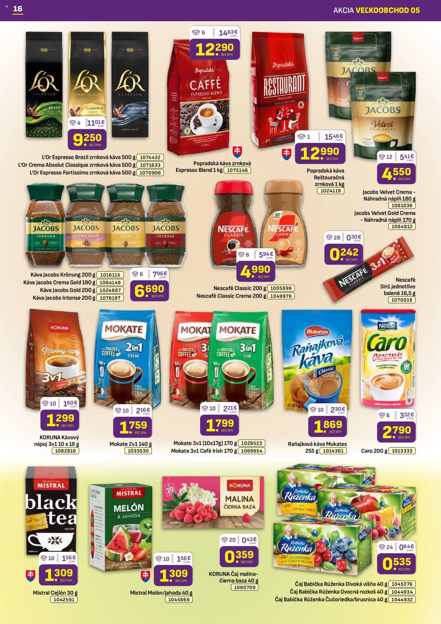 Nové Libex akcie – leták je platný od 02.03.2026 | Strana: 16 | Produkty: Čaj, Jacobs Krönung, Caro, Čučoriedky