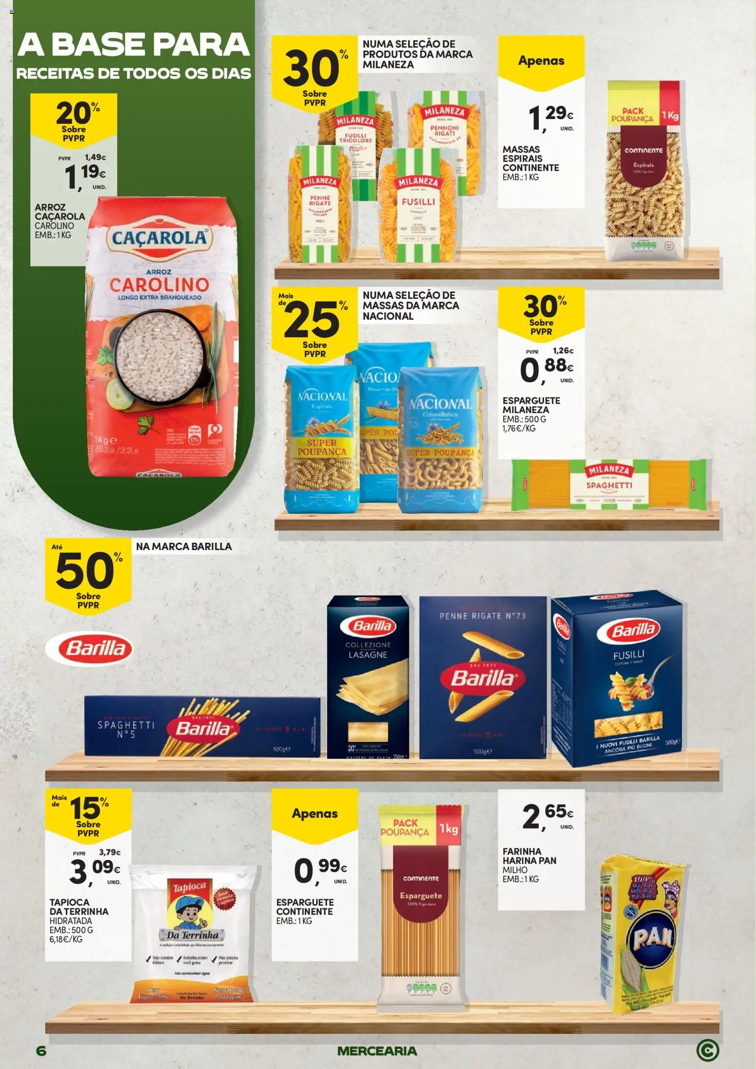 Continente Mercearia A sua despensa, a sua poupança │ válido de 21.04.2026 | Página: 6 | Produtos: Milaneza, Tapioca, Arroz, Macarrão