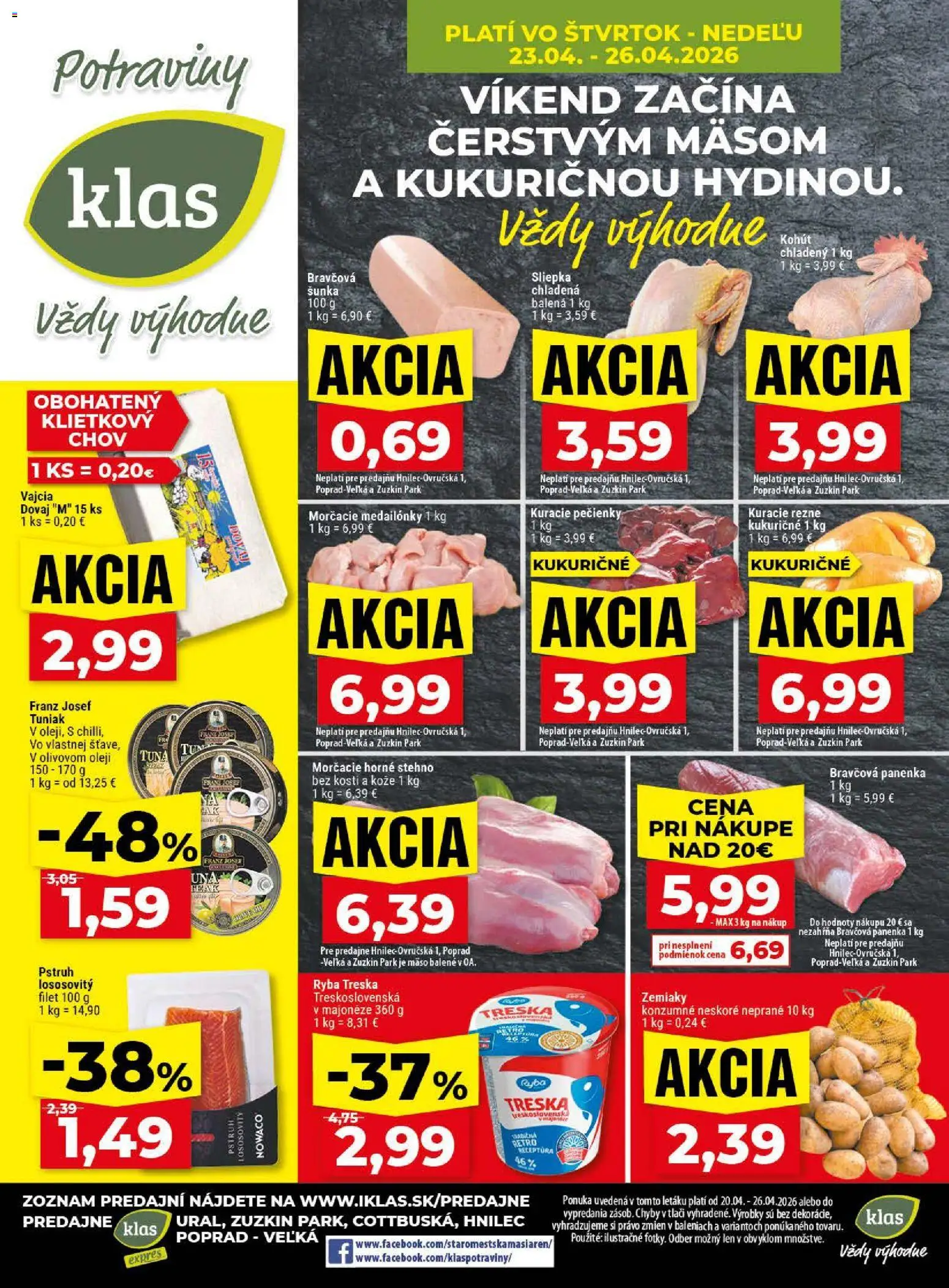 Nové Klas akcie – leták je platný od 20.04.2026 | Strana: 29 | Produkty: Šunka, Bravčová panenka, Zemiaky, Treska