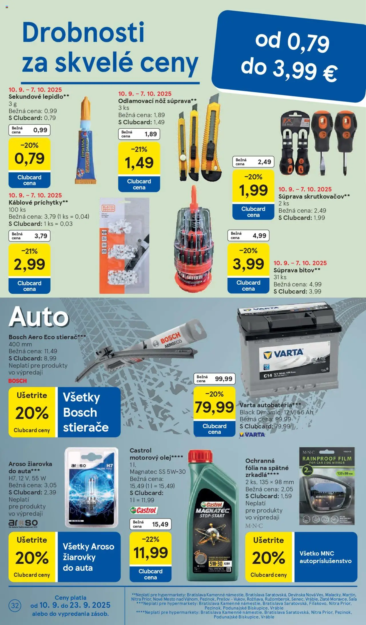 Nové Tesco akcie – leták je platný od 10.09.2025 | Strana: 32 | Produkty: Žiarovka, Žiarovky, Autobatéria, Bosch