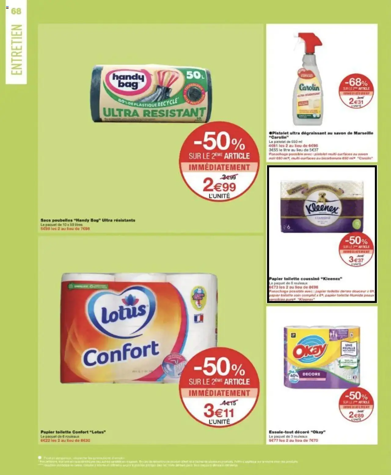  | Page: 68 | Produits: Sacs poubelles, Savon de marseille, Papier toilette, Savon