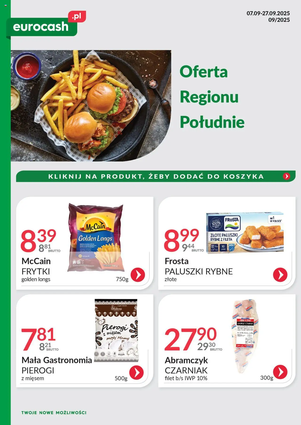 Eurocash Gazetka - Oferta Południe od 07.09.2025 | Strona: 1 | Produkty: Pierogi, Dorsz, Paluszki, Frytki