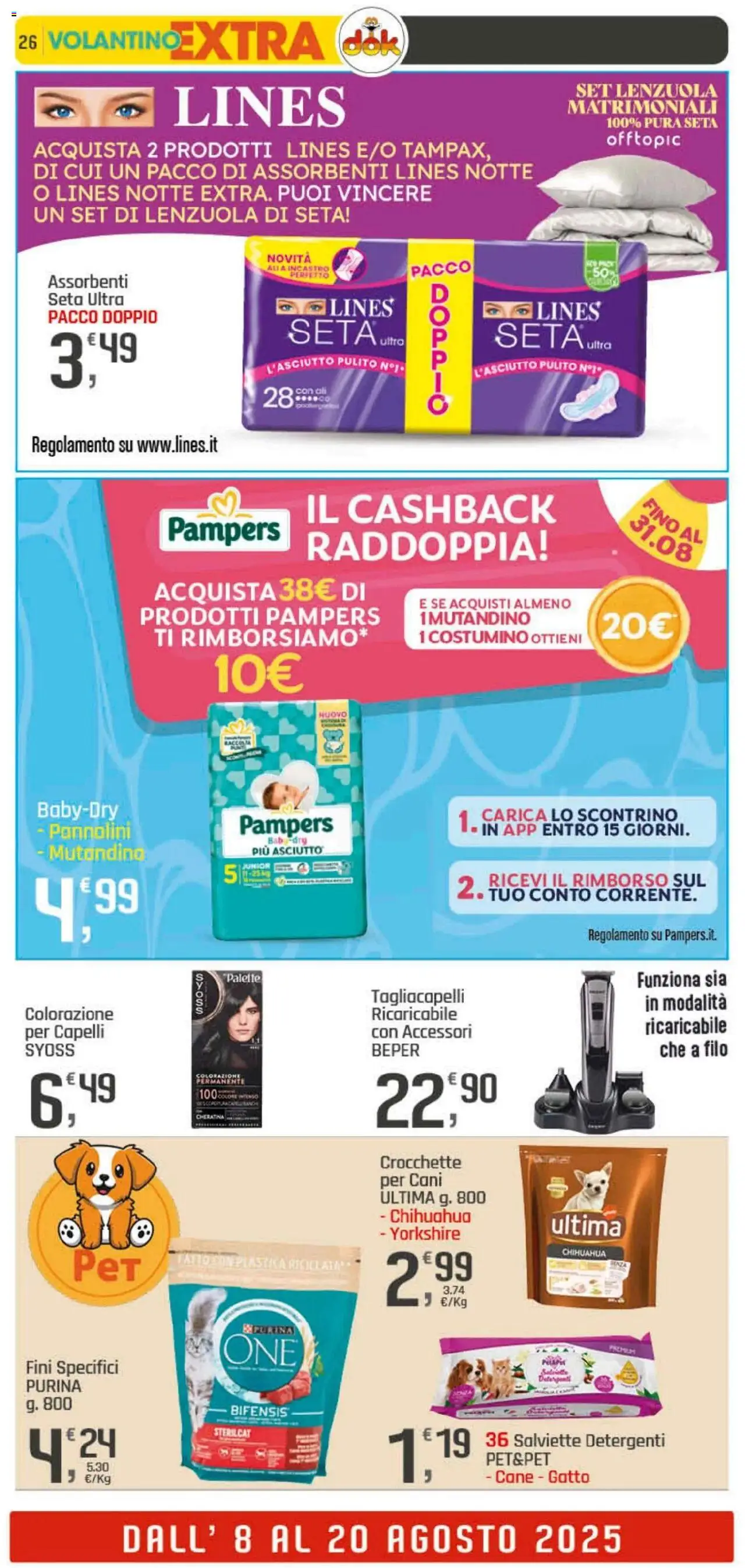 Volantino DOK del 08.08.2025 | Pagina: 26 | Prodotti: Pannolini, Crocchette, Pampers, Lenzuola