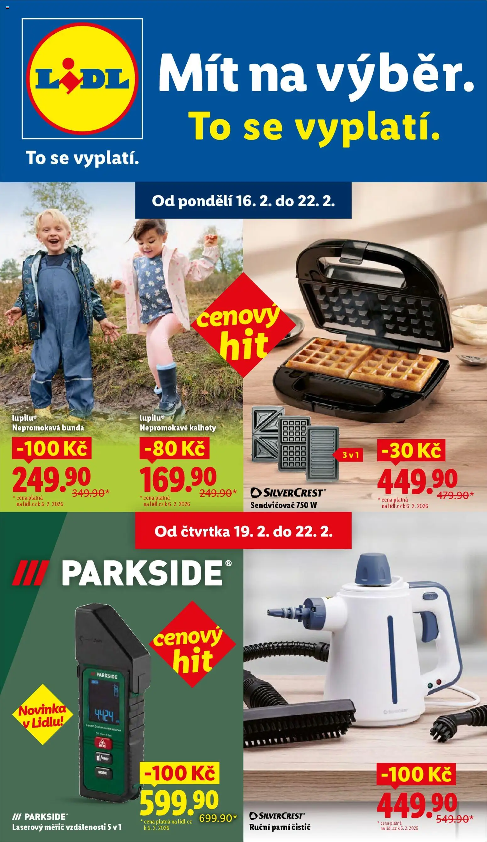 Lidl leták - Spotřební zboží od 16.02.2026 | Strana: 1 | Produkty: Parkside, Ruční parní čistič, Laserový měřič vzdálenosti, Nepromokavé kalhoty