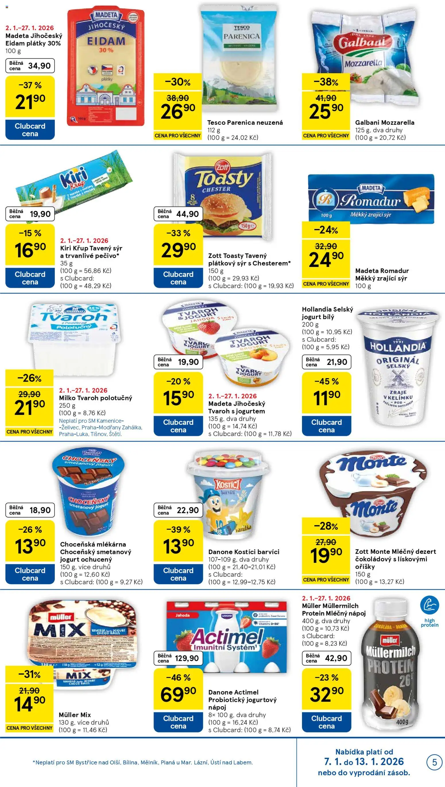 Tesco leták - Supermarket od 07.01.2026 | Strana: 5 | Produkty: Zrající sýr, Actimel, Hollandia, Müllermilch