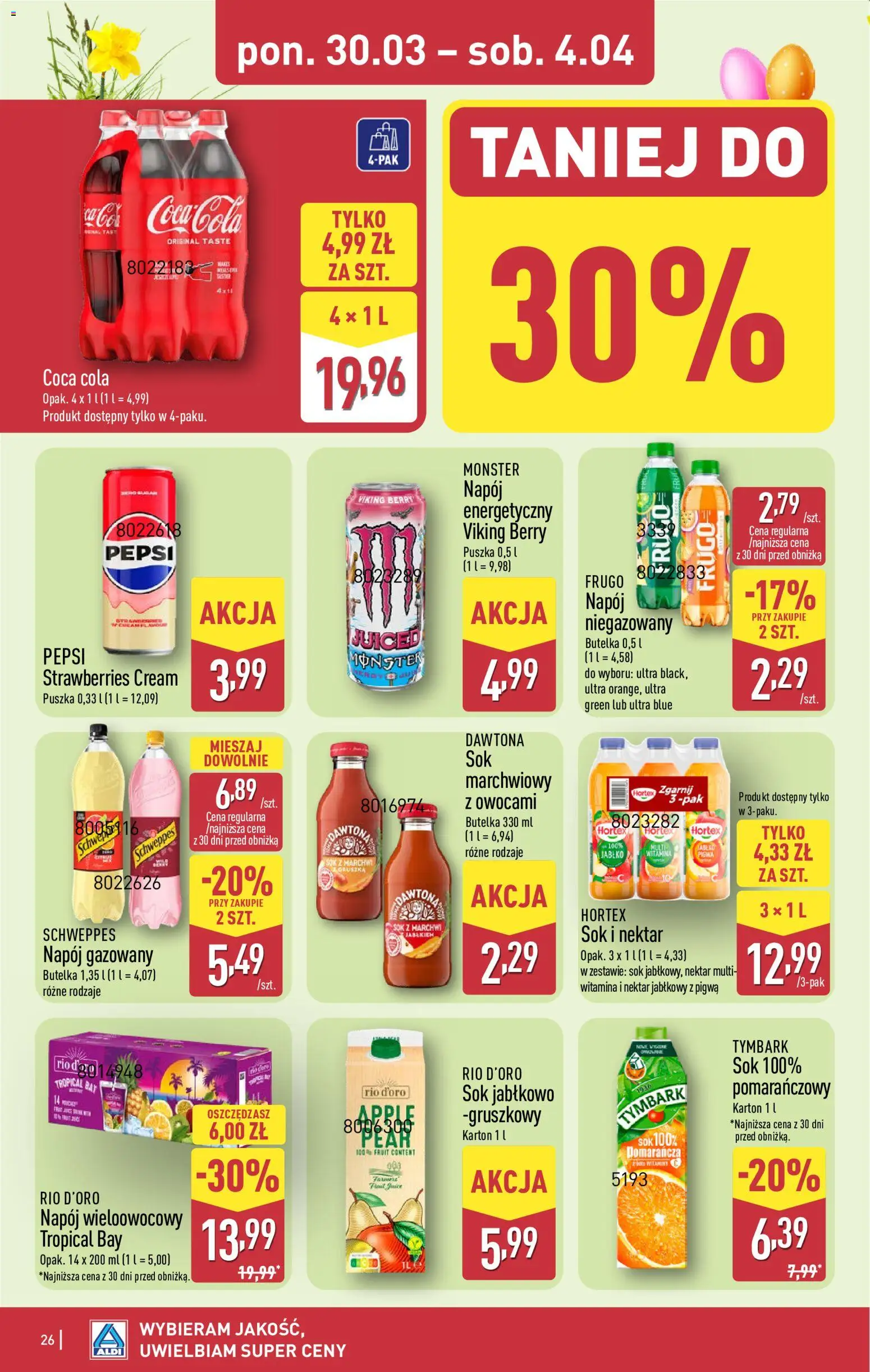 Aldi gazetka od 30.03.2026 | Strona: 26 | Produkty: Pigwa, Pepsi, Coca cola, Sok